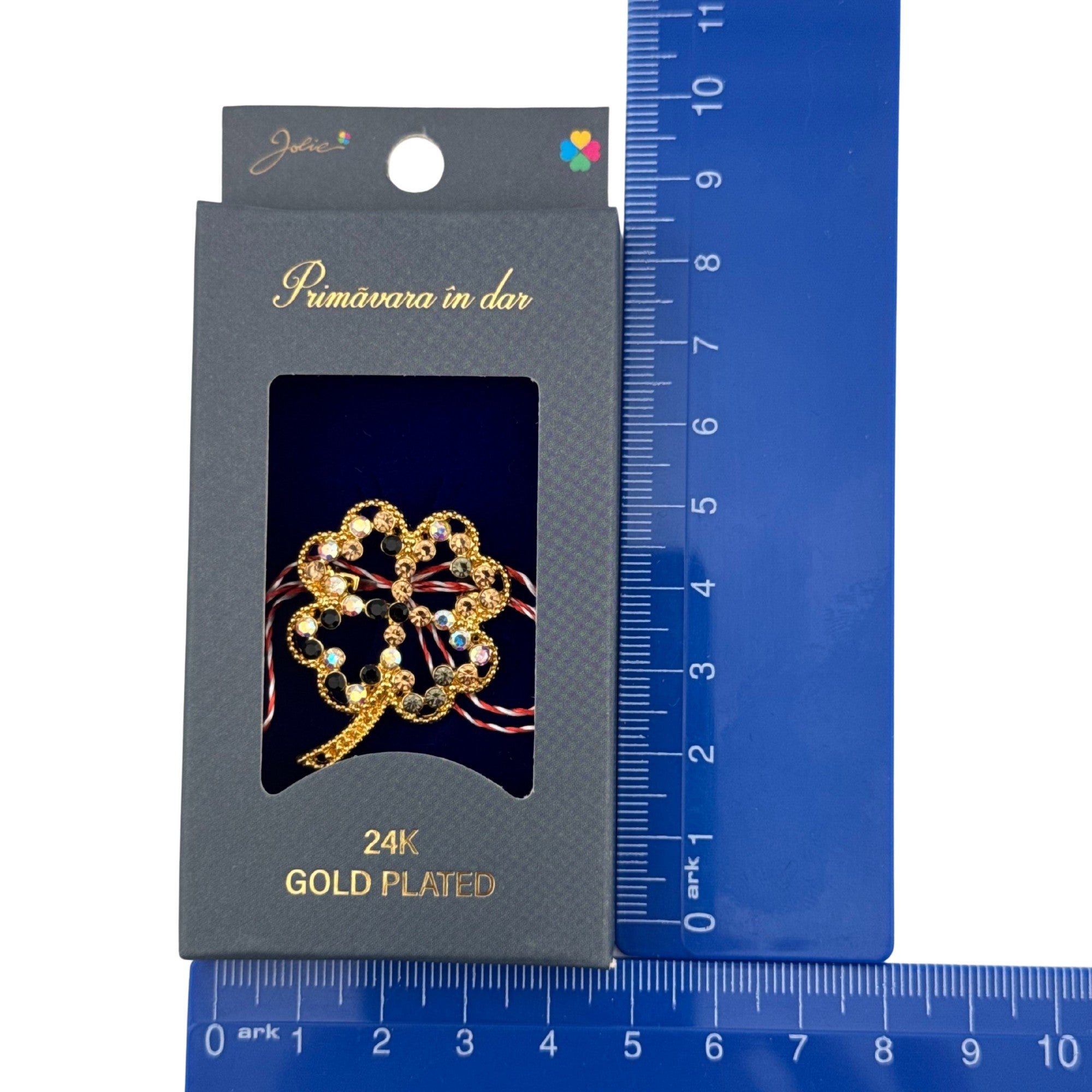 Martisor Brosa Placata cu Aur 24K, Dimensiune Brosa 2-3 cm, Model Trifoi cu Pietricele, Auriu