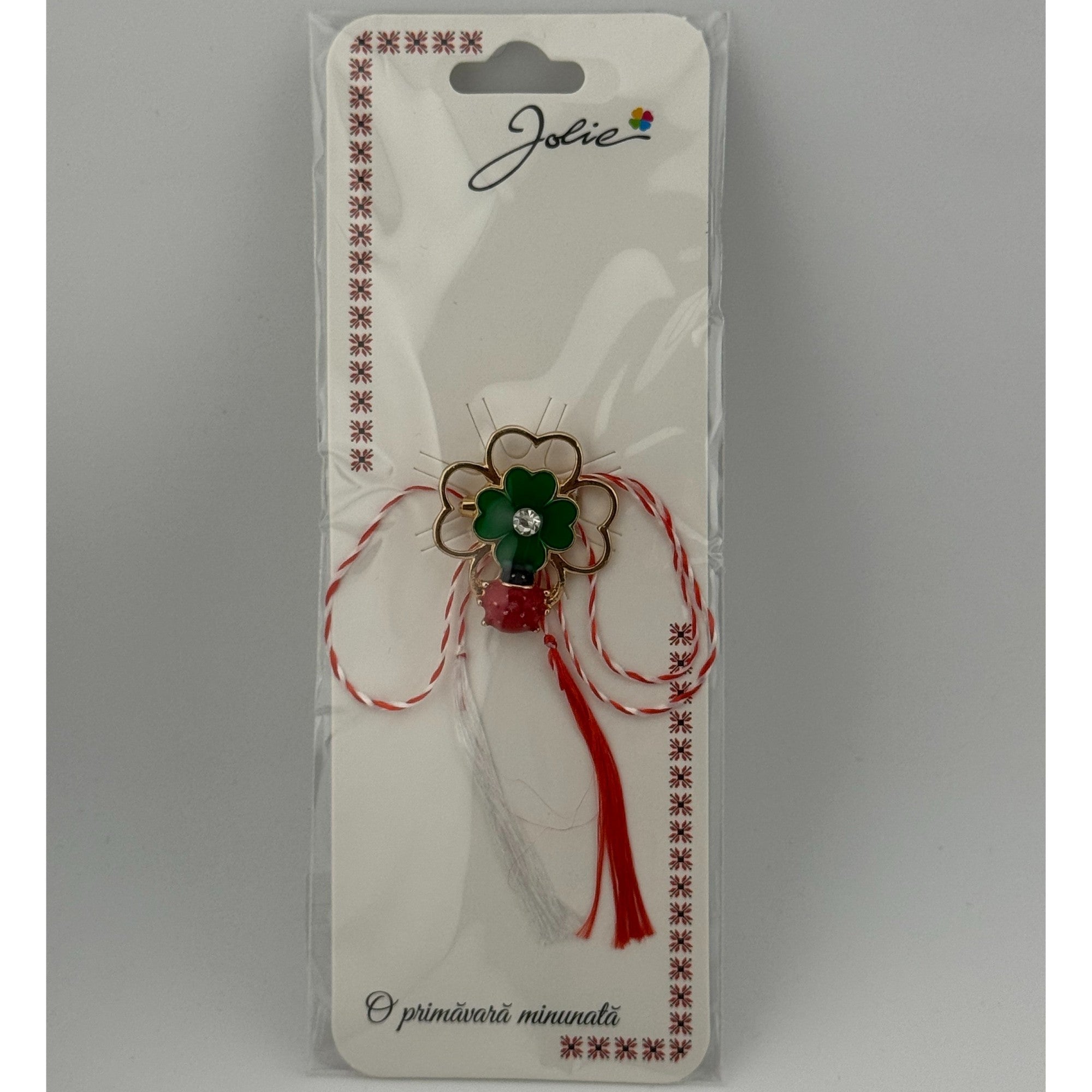 Martisor Brosa Primavara, Material Metal, Ambalaj Carton si Opp, Dimensiune Brosa aproximativ 2 - 3 cm, Model Trifoi Buburuza