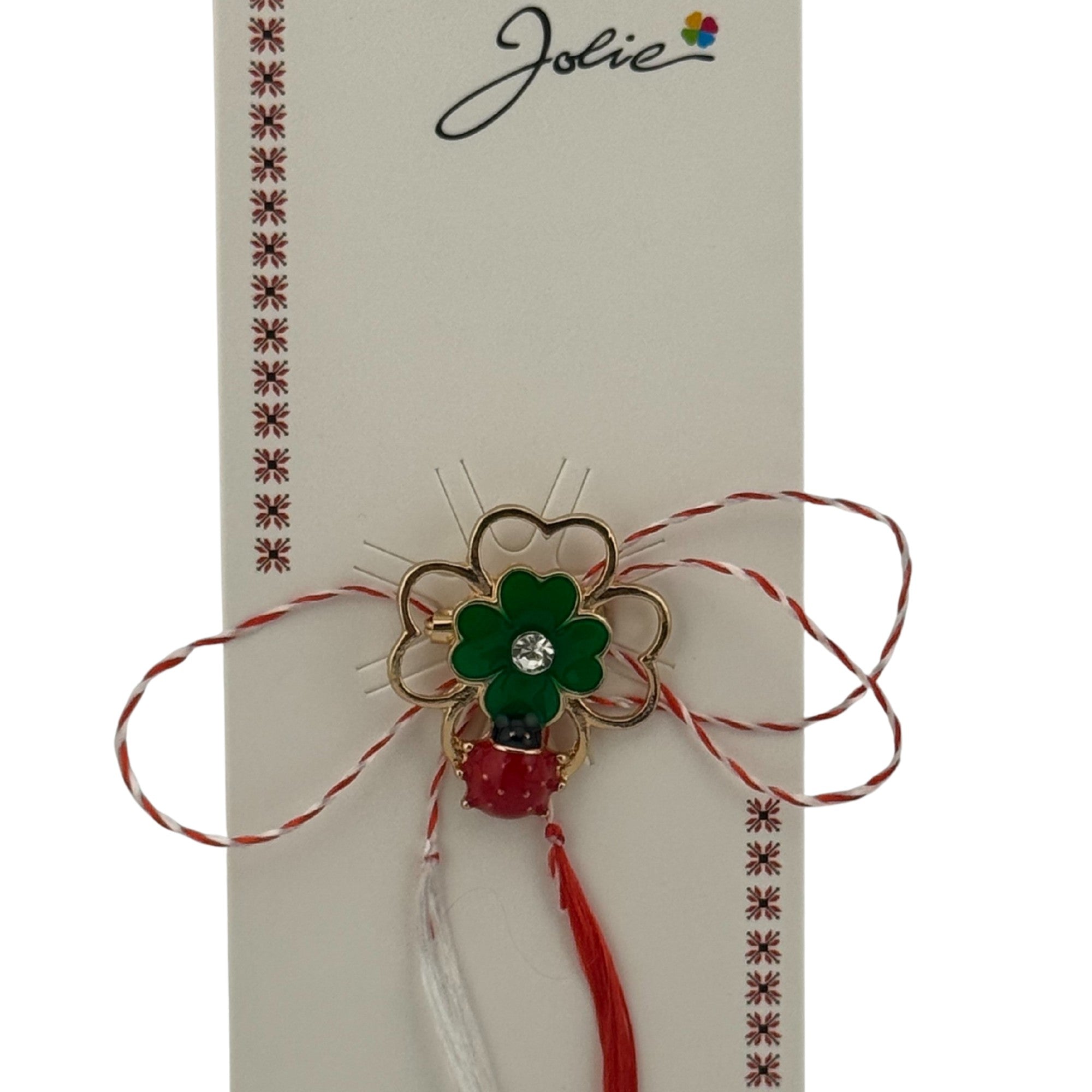 Martisor Brosa Primavara, Material Metal, Ambalaj Carton si Opp, Dimensiune Brosa aproximativ 2 - 3 cm, Model Trifoi Buburuza
