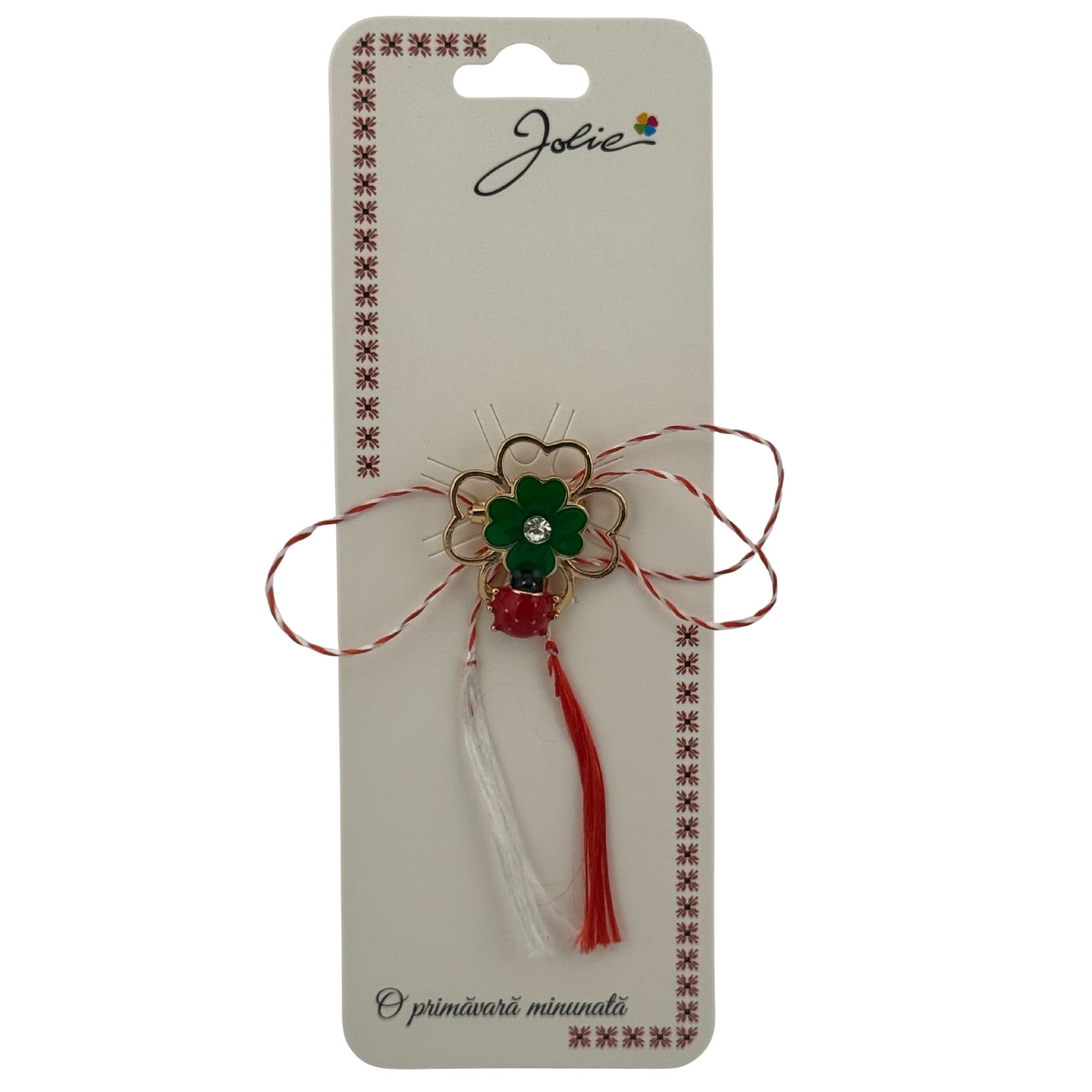 Martisor Brosa Primavara, Material Metal, Ambalaj Carton si Opp, Dimensiune Brosa aproximativ 2 - 3 cm, Model Trifoi Buburuza