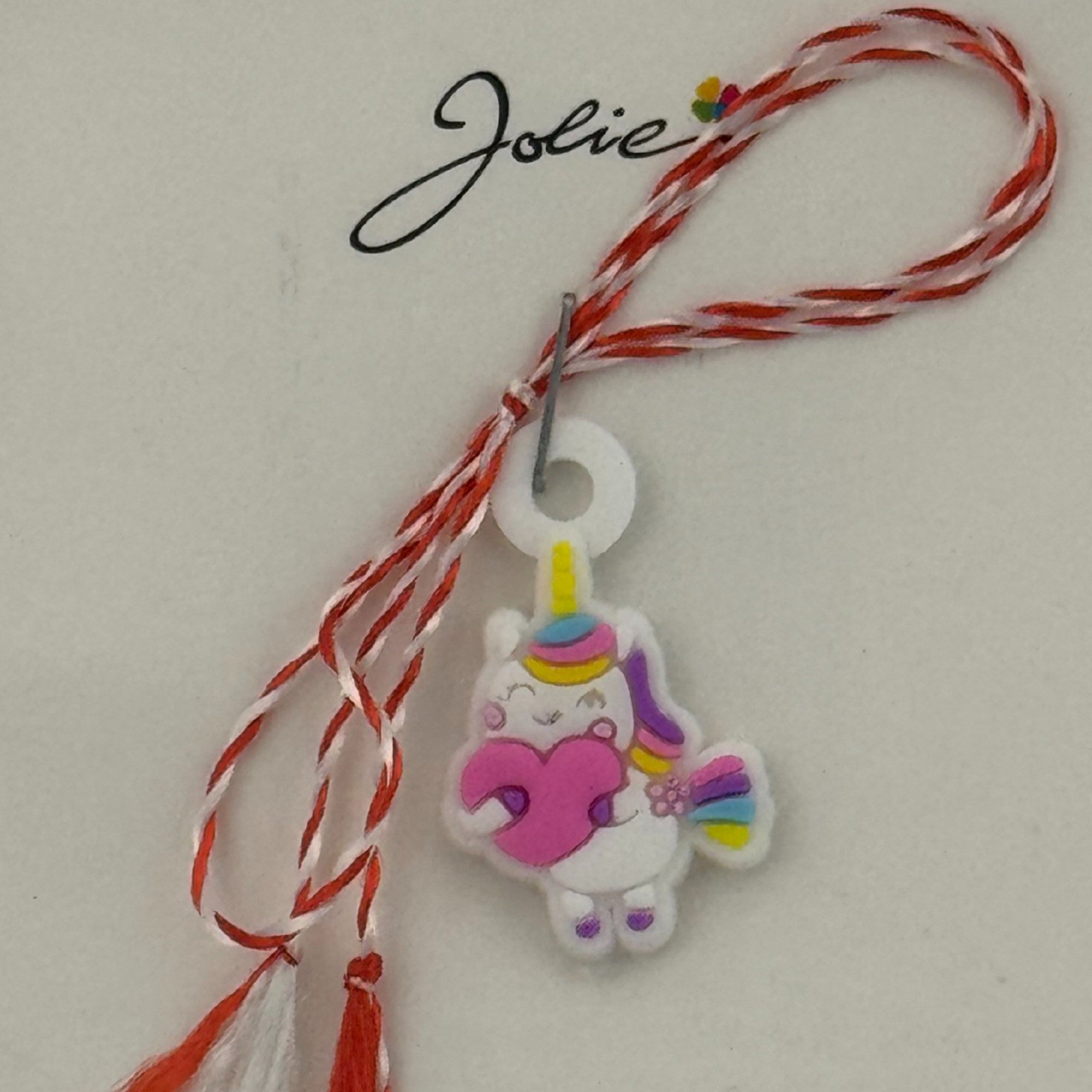 Martisor pentru Copii, Material Cauciuc, Ambalaj Carton cu Design, Multicolor, Model Unicorn si Inima