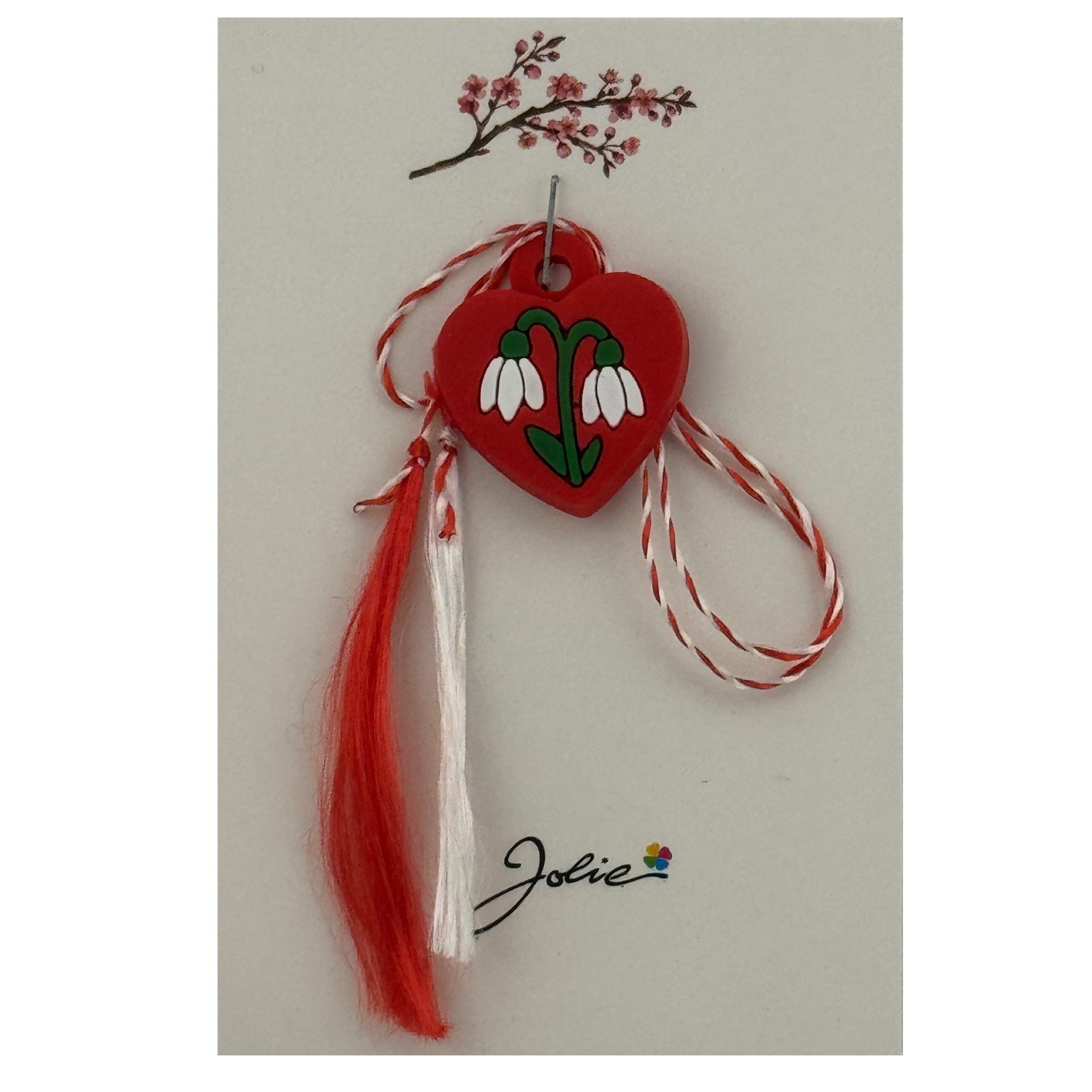 Martisor pentru Copii, Material Cauciuc, Ambalaj Carton cu Design, Multicolor, Model Inima si Ghiocel