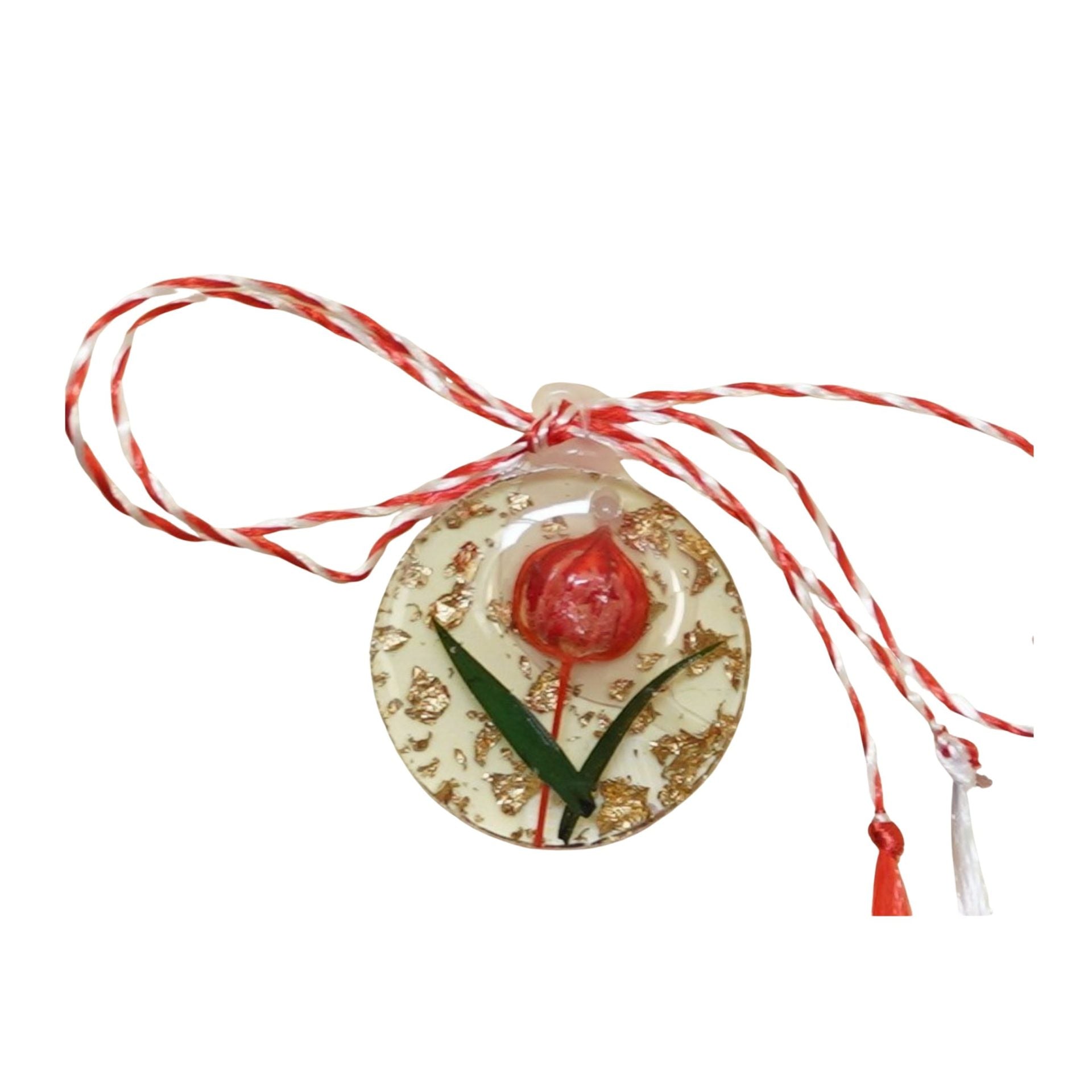 Martisor Traditional din Acril, Model Rotund Lalea Rosie, cu Snur Impletit Alb/Rosu, Pandantiv 2 cm