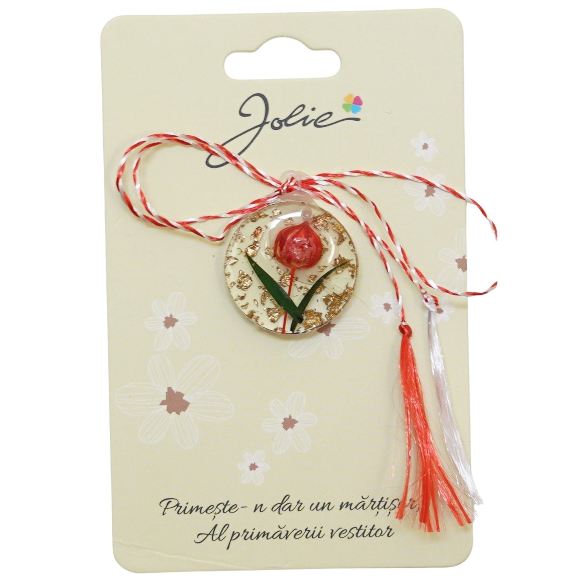 Martisor Traditional din Acril, Model Rotund Lalea Rosie, cu Snur Impletit Alb/Rosu, Pandantiv 2 cm