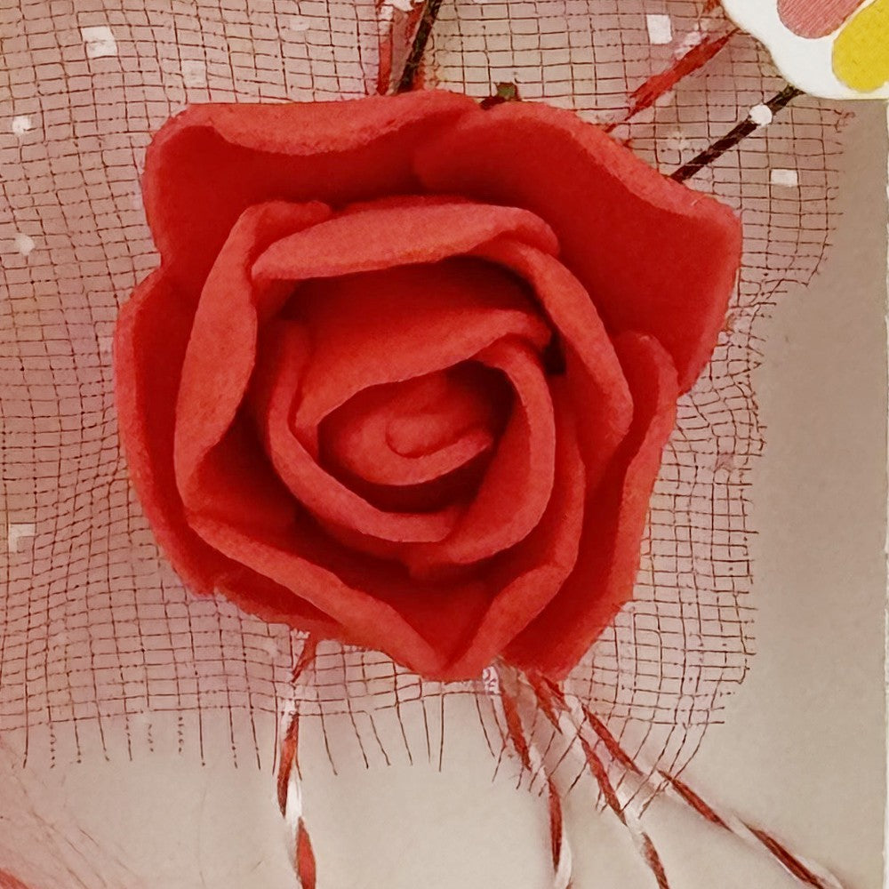 Martisor Motiv Floral, Model Trandafir, cu Snur Alb/Rosu, 9 x 5 cm, Rosu