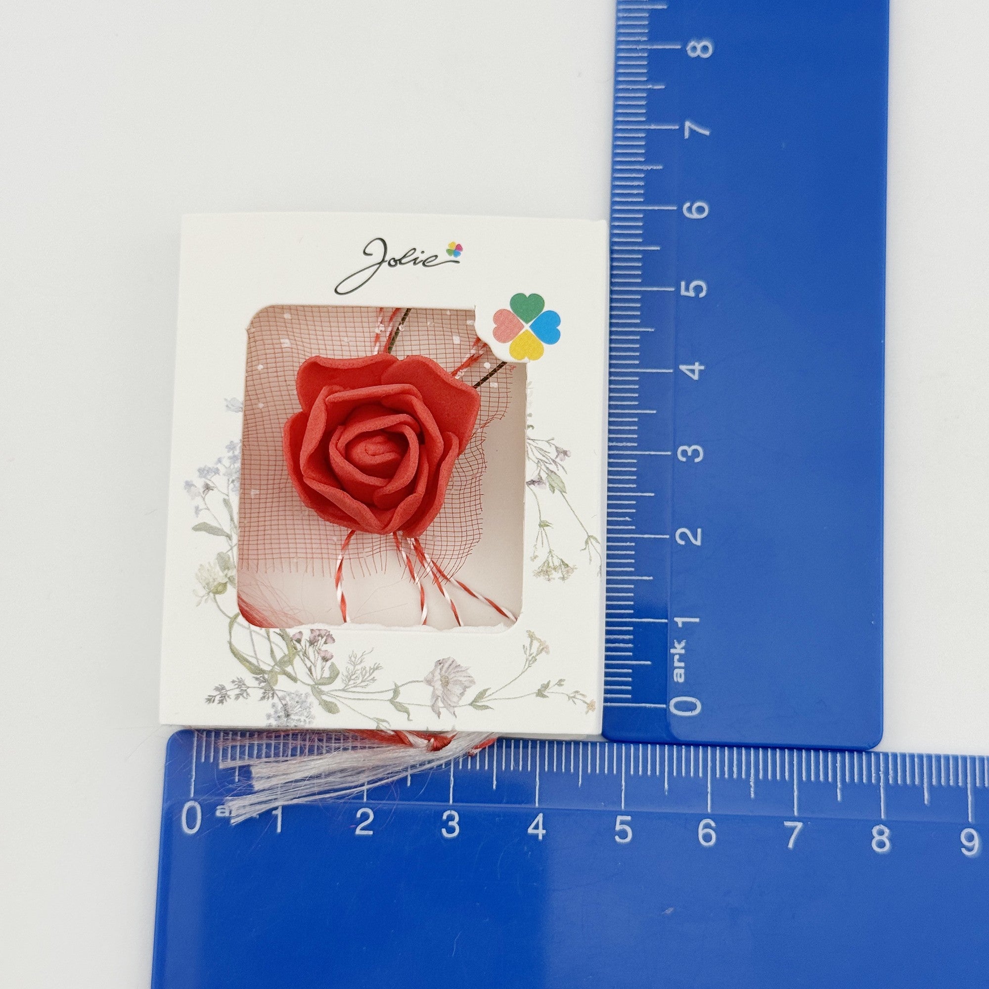 Martisor Motiv Floral, Model Trandafir, cu Snur Alb/Rosu, 9 x 5 cm, Rosu