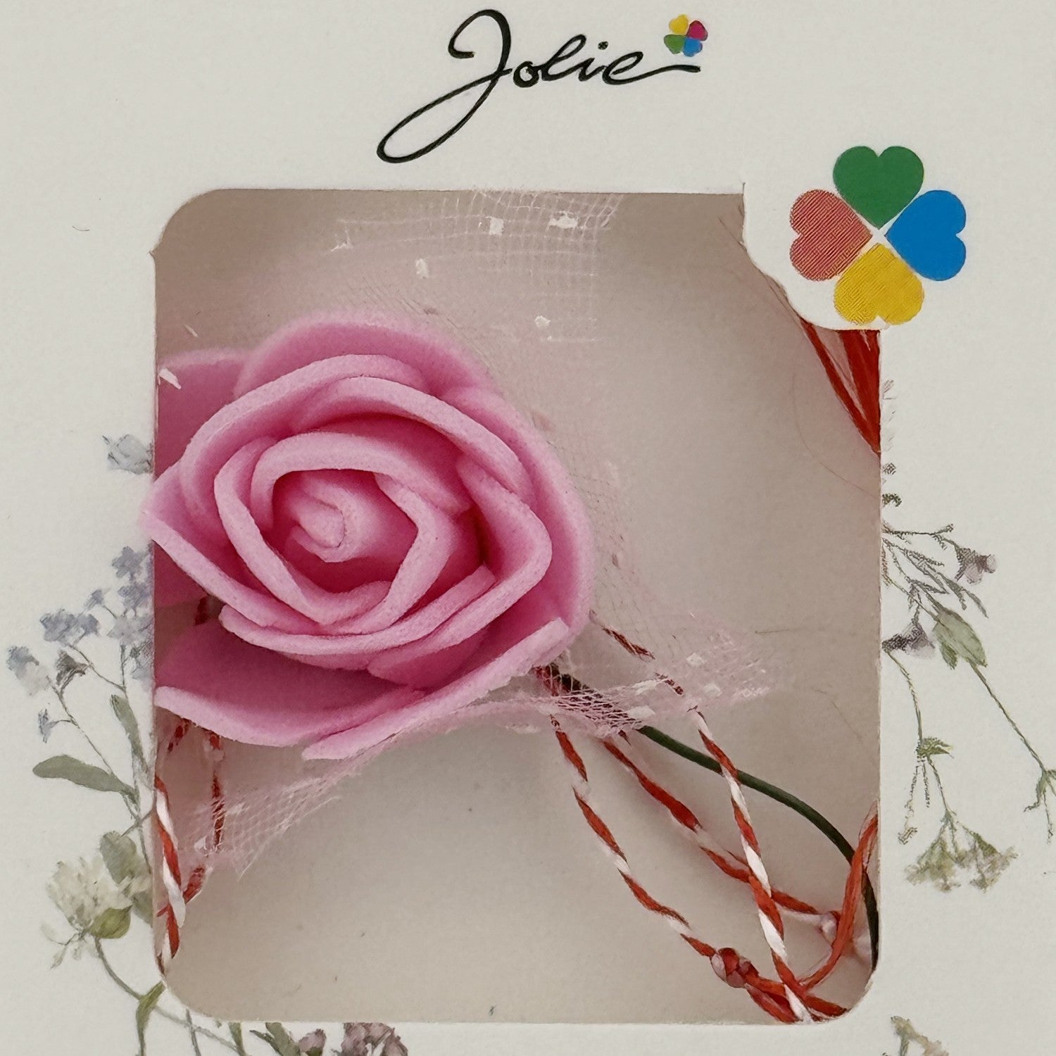 Martisor Motiv Floral, Model Trandafir, cu Snur Alb/Rosu, 9 x 5 cm, Roz