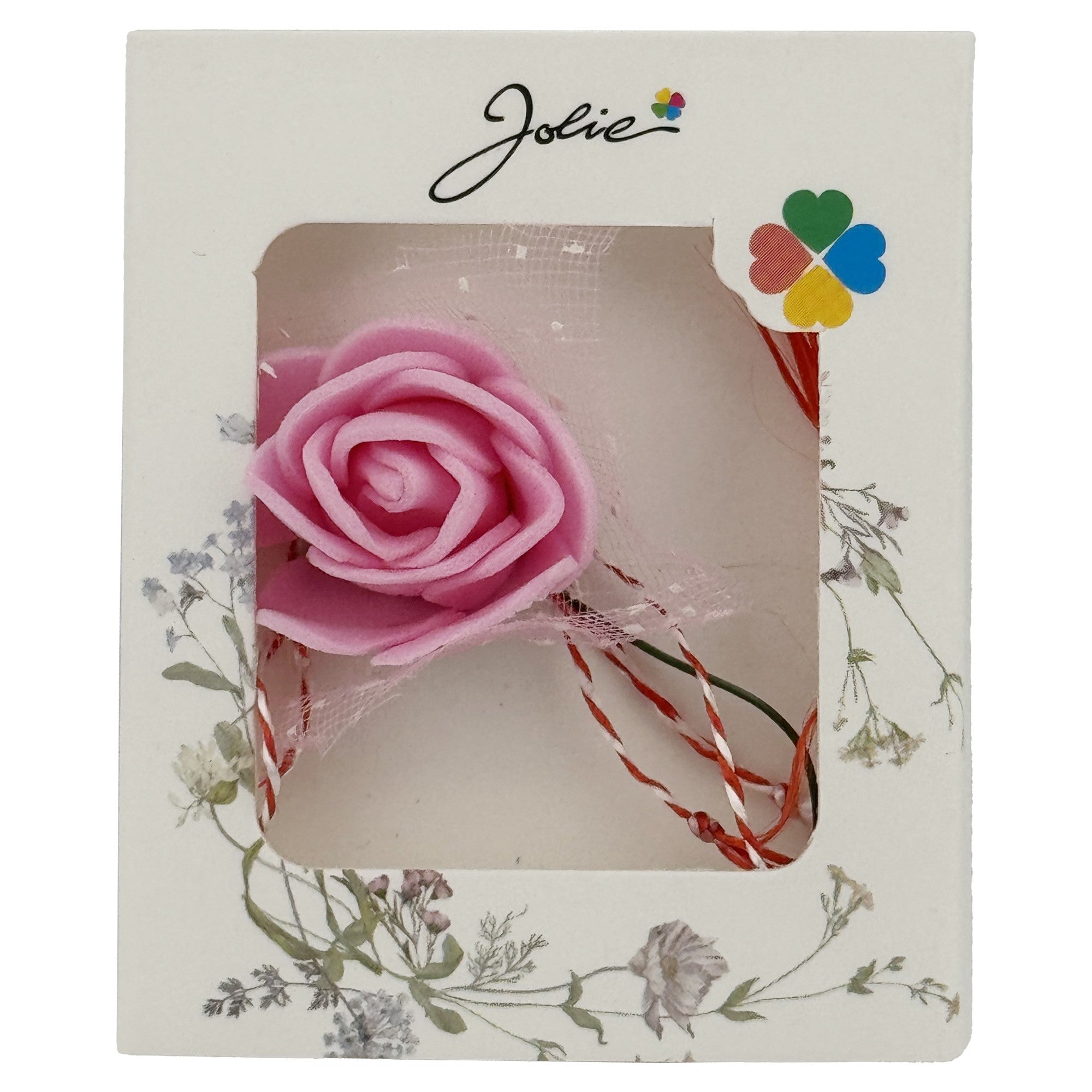 Martisor Motiv Floral, Model Trandafir, cu Snur Alb/Rosu, 9 x 5 cm, Roz