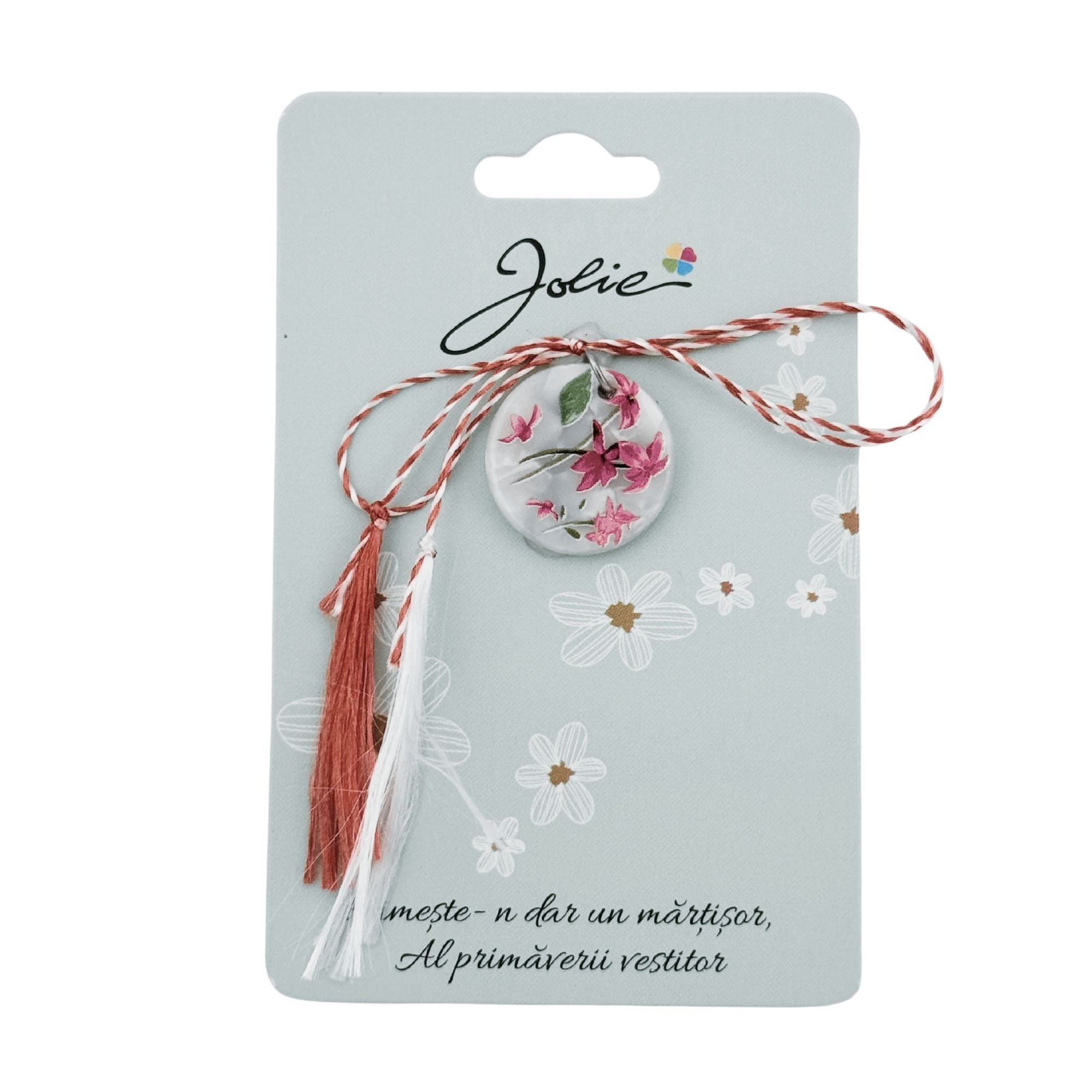 Martisor Traditional din Acril, Model Rotund Flori Roz, cu Snur Impletit Alb/Rosu, Pandantiv 2 cm, Multicolor