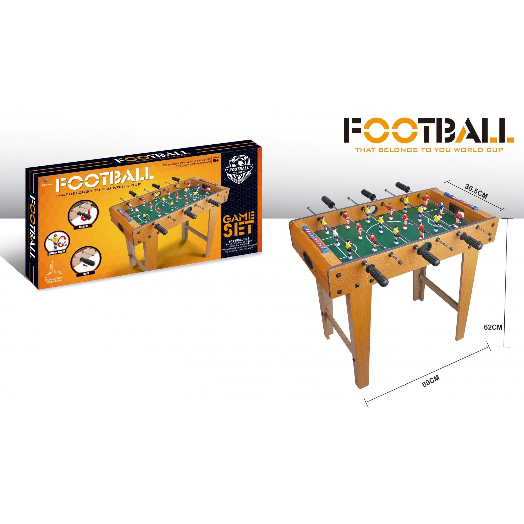 Masa de Fotbal cu Teren, cu Picioare, 6 Manere, Tablou de Scor, 69 x 62 x 36.5 cm, din Lemn/Otel/ABS, Maro