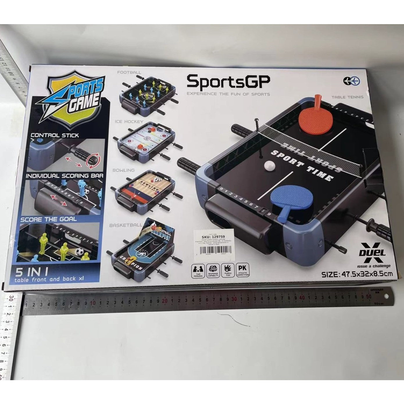 Masa de Joc 5in1, cu Teren Schimbabil de Fotbal, Basket, Bowling, Curling si Hockey, cu Tablou Scor, din ABS, 47.5x32x8.5 cm, Design Multicolor, pentru Copii/ Adulti