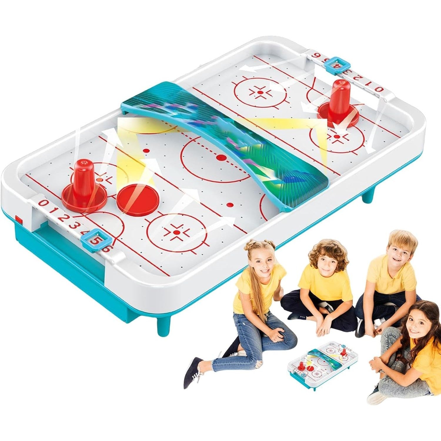 Masa Ice Hockey, cu Tabela de Scor, 2 Pucuri, din ABS, pentru Adulti/Copii +5 Ani, 28 x 8 x 16 cm, Alb/Albastru