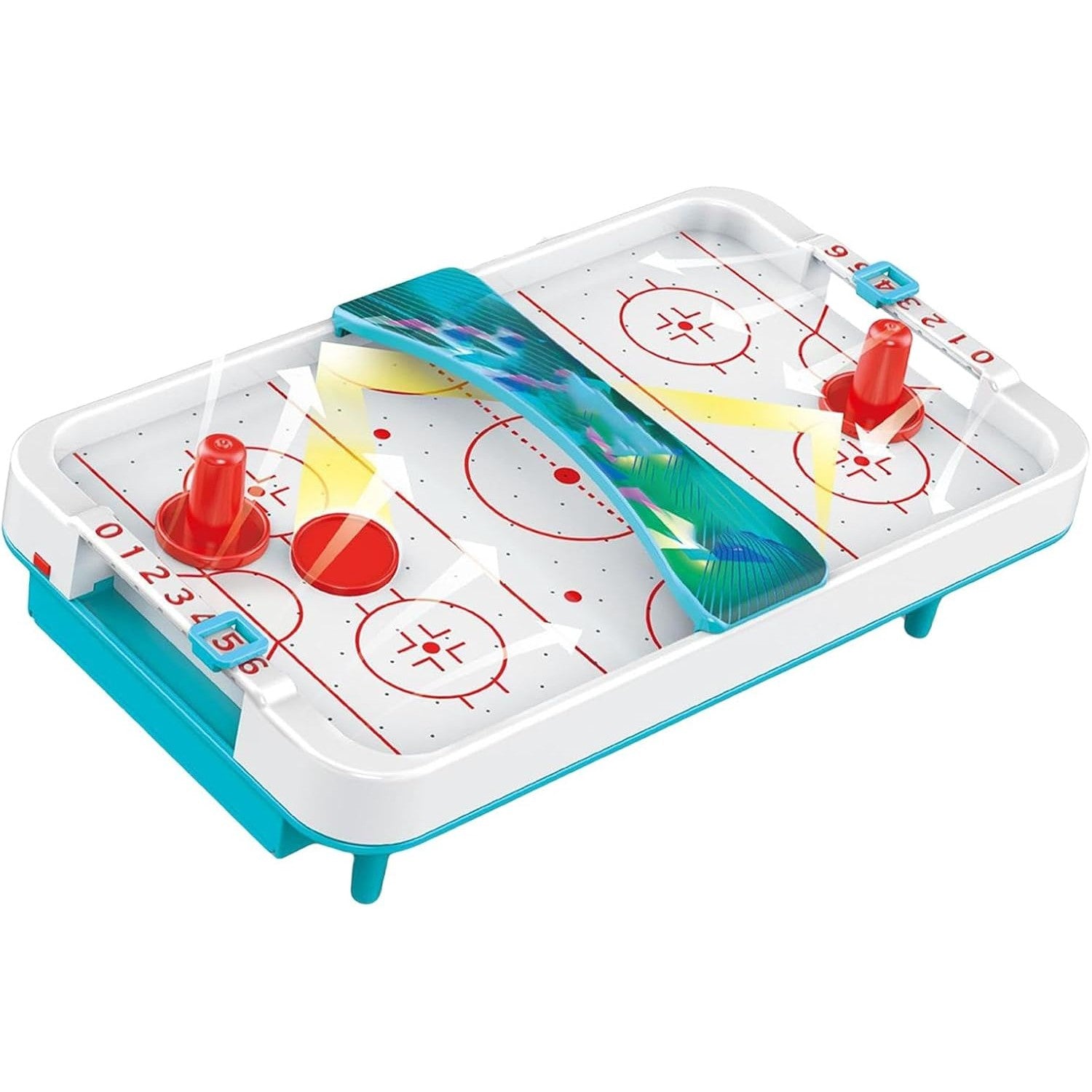 Masa Ice Hockey, cu Tabela de Scor, 2 Pucuri, din ABS, pentru Adulti/Copii +5 Ani, 28 x 8 x 16 cm, Alb/Albastru