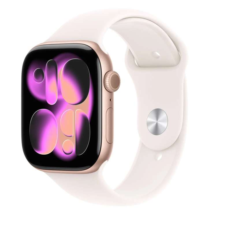 Smartwatch Apple Watch 11, GPS, 42mm, Ecran Retina LTPO OLED, Chip S10 cu Procesor Dual-Core, 64GB Flash, Wi-Fi, Bluetooth, Carcasa Aluminiu, Curea Sport Band S/M (Auriu) 
