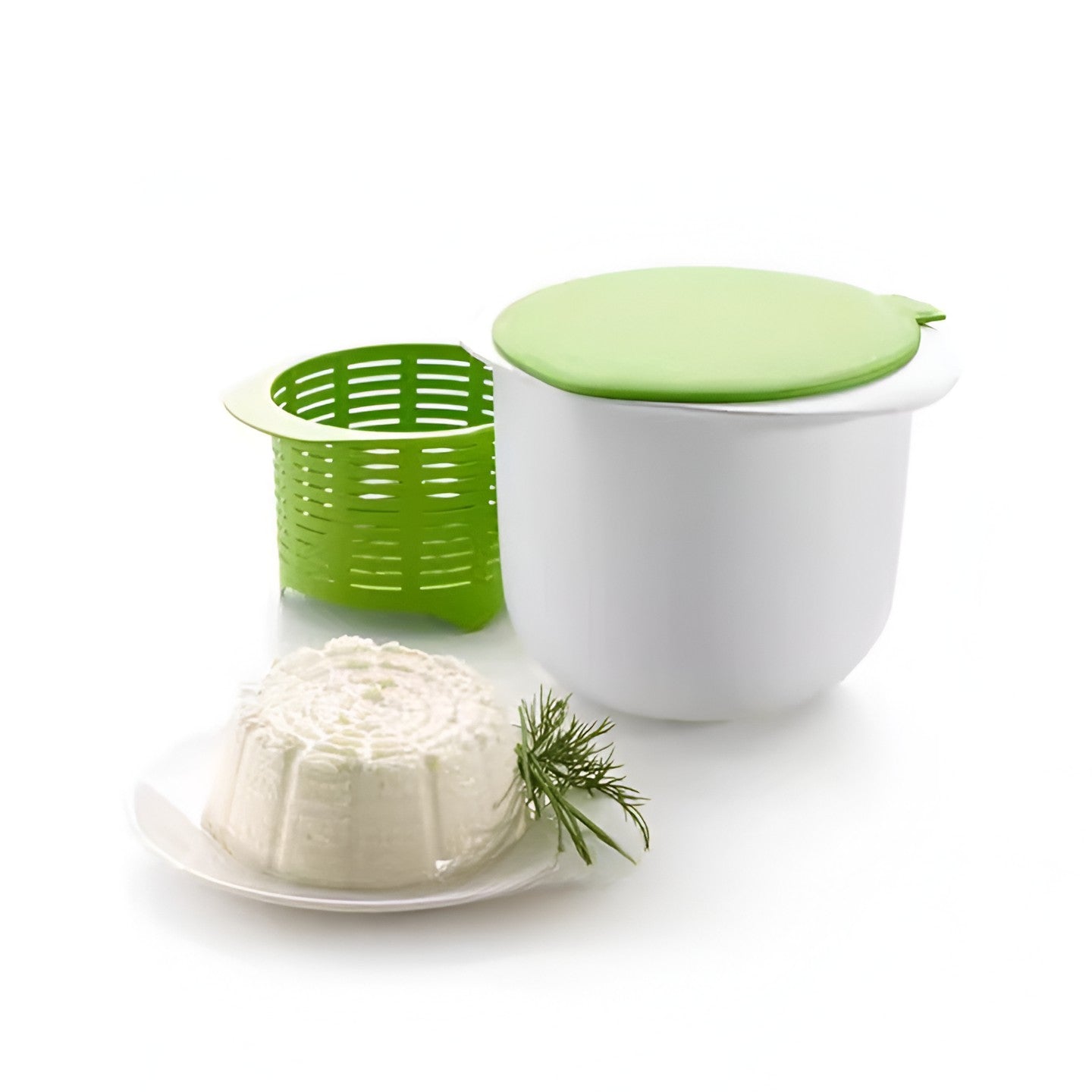 Recipient pentru Preparat Branza, Capac de Silicon, Cheese Maker din Plastic, Strecuratoare, 17x14.5x12.8 cm, Alb