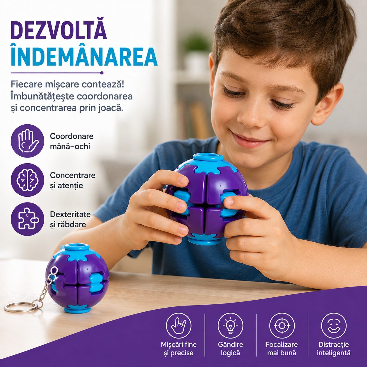 Minge Antistres Rotativa 3D, Keychain Fidget Spinner Ball, cu Sistem Push and Spin, Jucarie Senzoriala pentru Relaxare si Indemanare, 4.5x5 cm, Mov