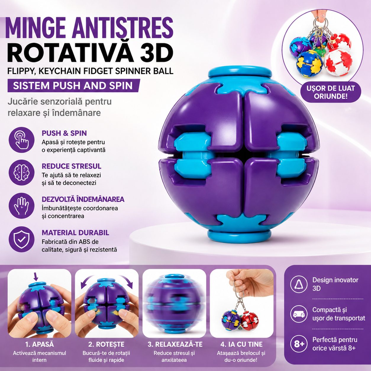 Minge Antistres Rotativa 3D, Keychain Fidget Spinner Ball, cu Sistem Push and Spin, Jucarie Senzoriala pentru Relaxare si Indemanare, 4.5x5 cm, Mov