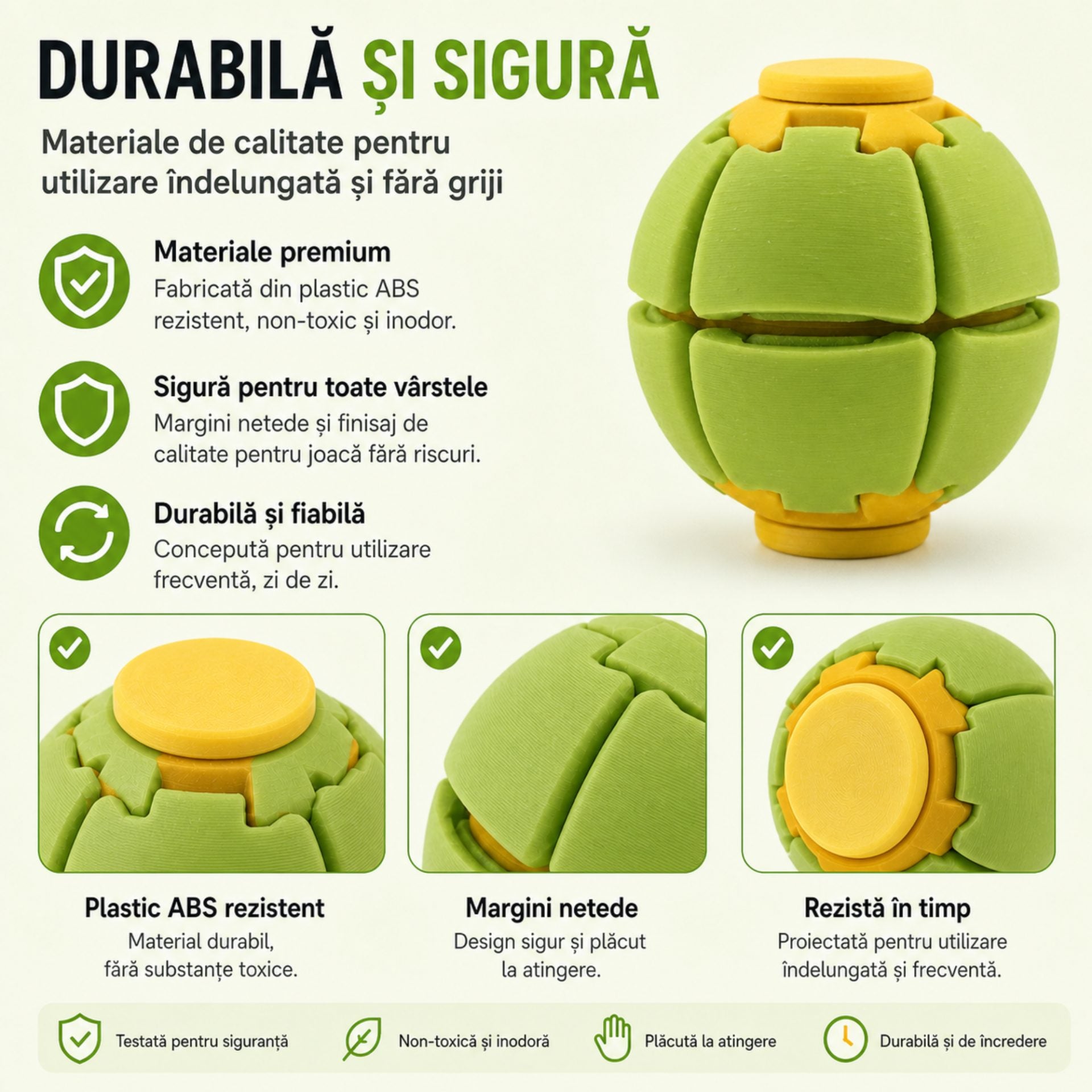 Minge Senzorială Antistres Rotativă 3D, Tip Fidget Spinner, cu Sistem de Apăsare și Rotire, Design Interactiv, Verde/Galben