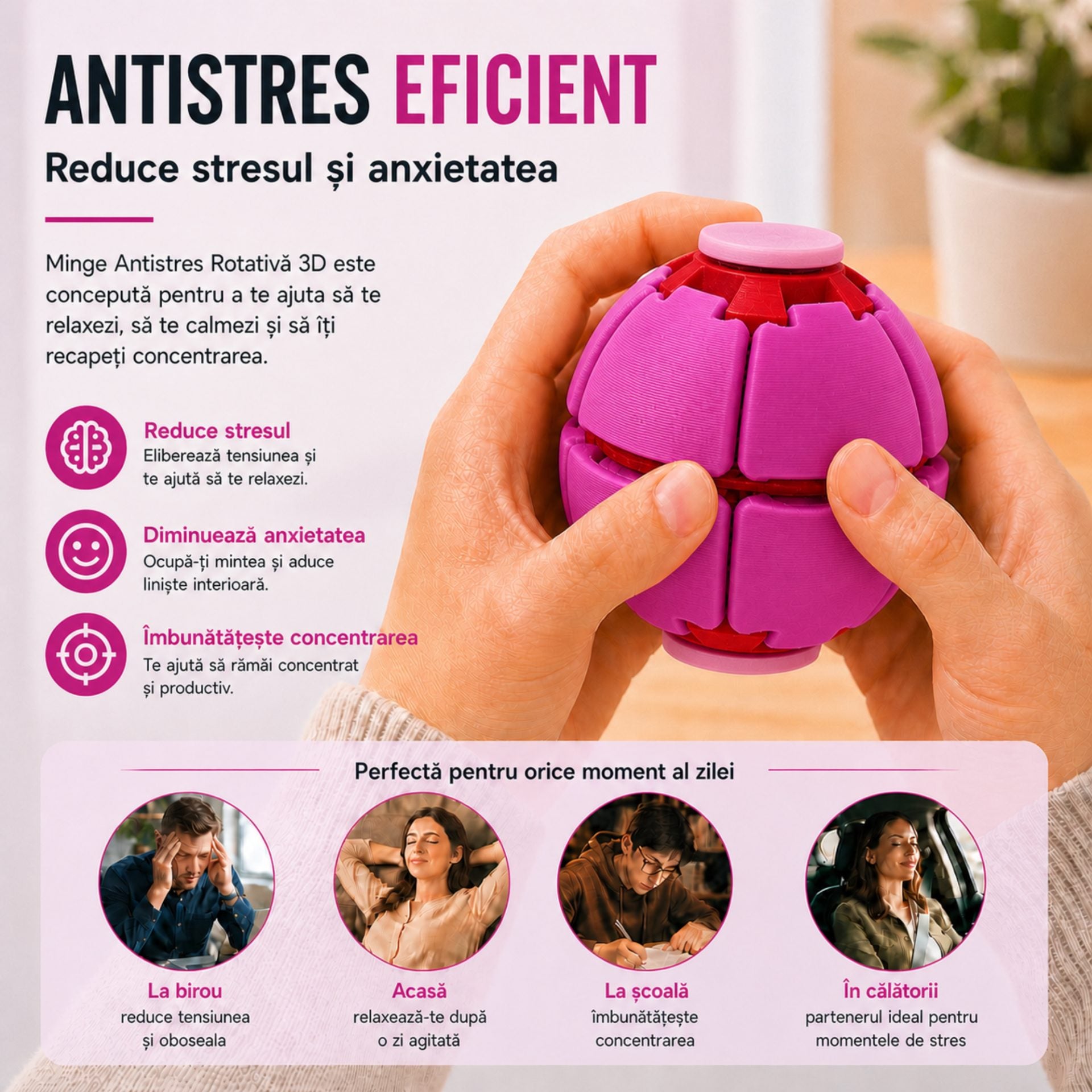 Minge Senzorială Antistres Rotativă 3D, Tip Fidget Spinner, cu Sistem de Apăsare și Rotire, Design Interactiv, Fucsia