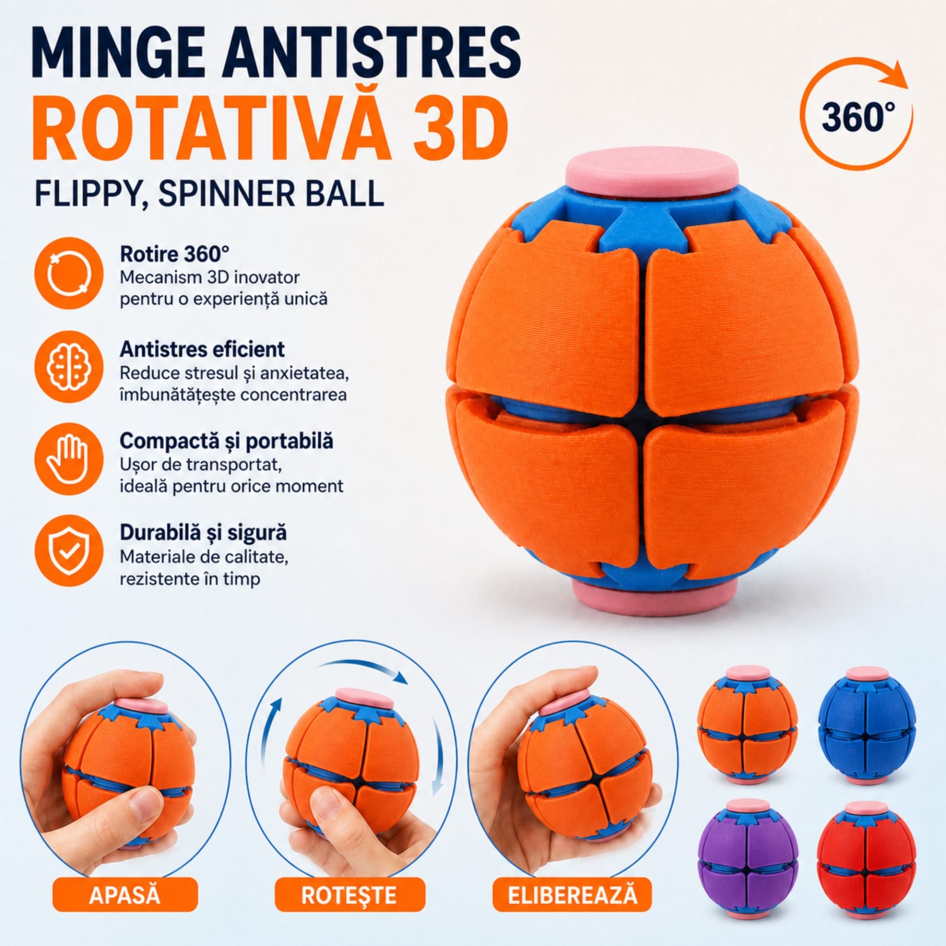 Minge Senzorială Antistres Rotativă 3D, Tip Fidget Spinner, cu Sistem de Apăsare și Rotire, Design Interactiv, Rosu aprins