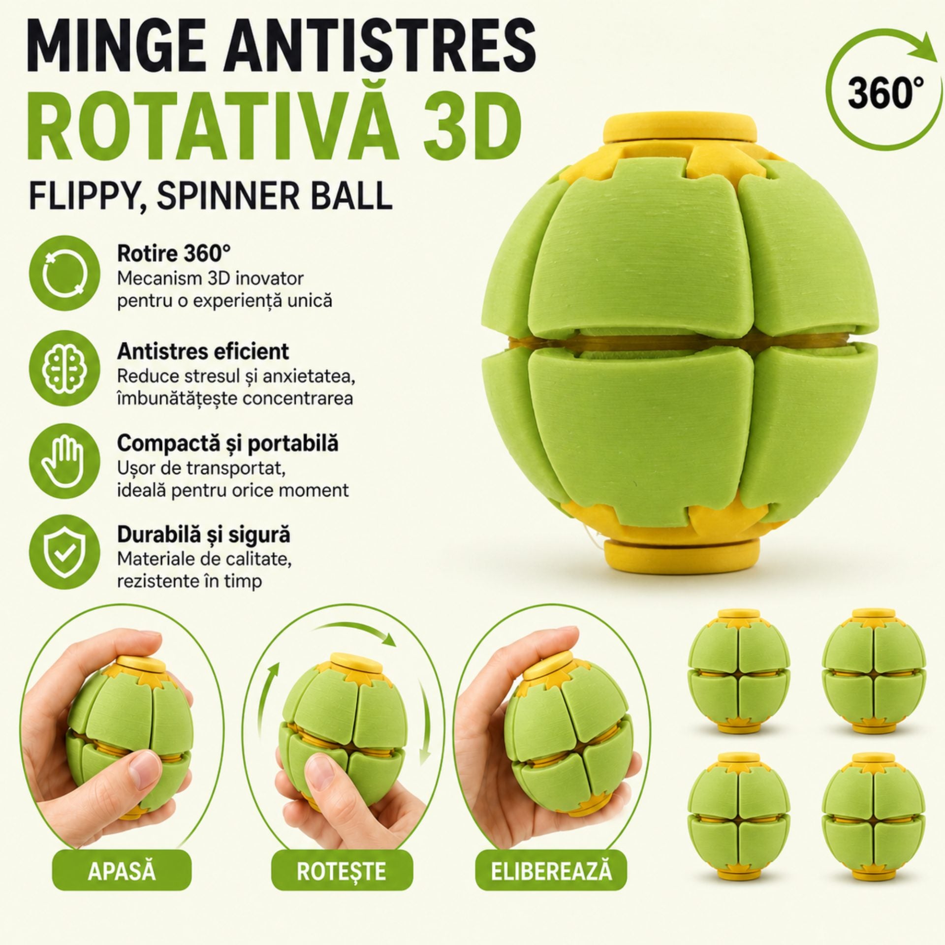 Minge Senzorială Antistres Rotativă 3D, Tip Fidget Spinner, cu Sistem de Apăsare și Rotire, Design Interactiv, Verde/Galben