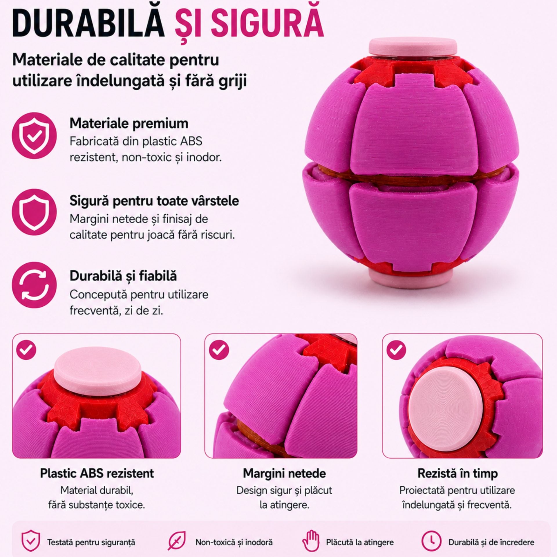 Minge Senzorială Antistres Rotativă 3D, Tip Fidget Spinner, cu Sistem de Apăsare și Rotire, Design Interactiv, Fucsia