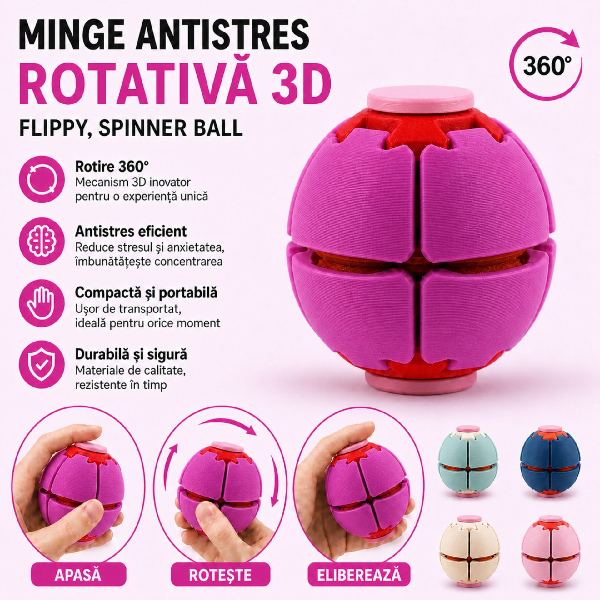 Minge Senzorială Antistres Rotativă 3D, Tip Fidget Spinner, cu Sistem de Apăsare și Rotire, Design Interactiv, Fucsia