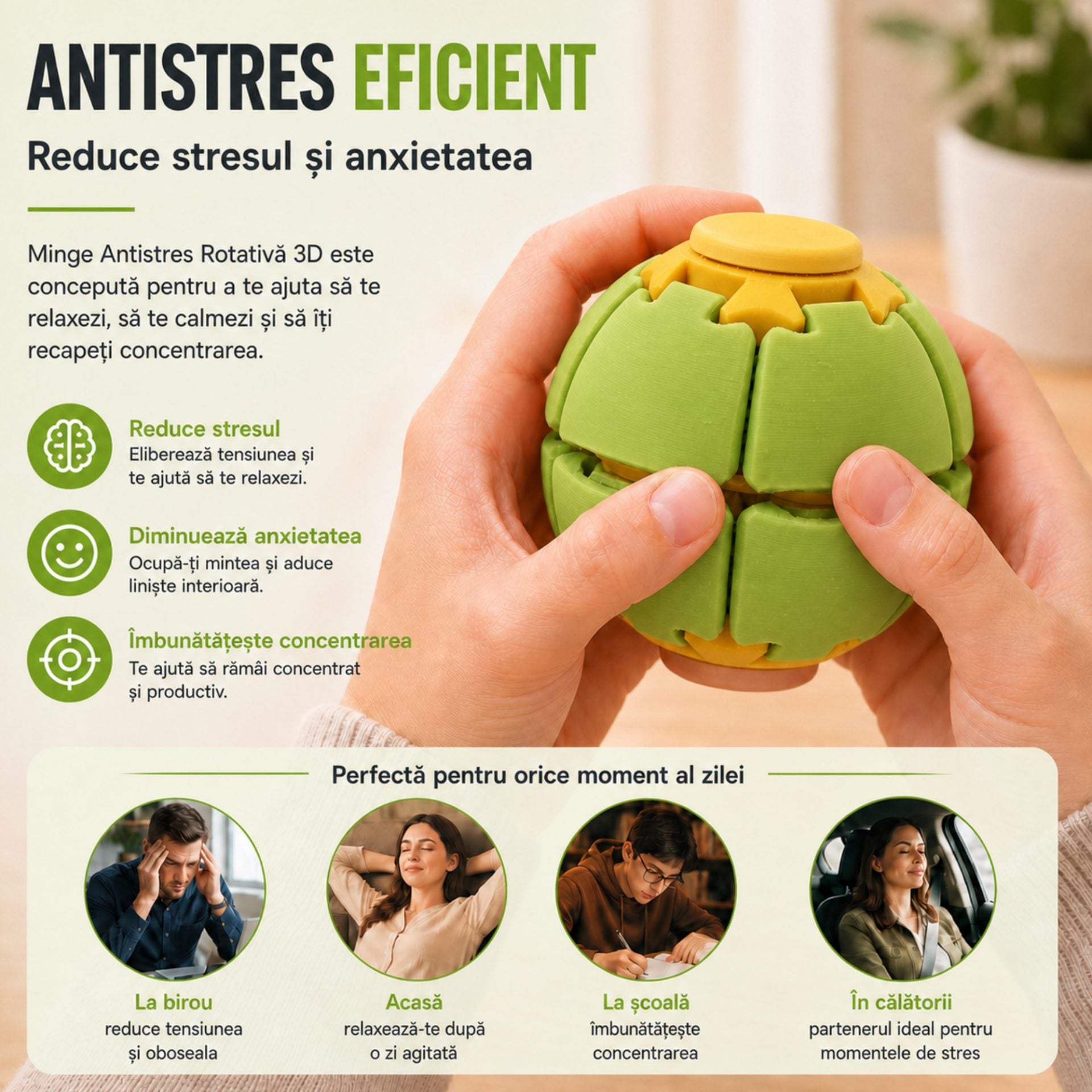 Minge Senzorială Antistres Rotativă 3D, Tip Fidget Spinner, cu Sistem de Apăsare și Rotire, Design Interactiv, Verde/Galben