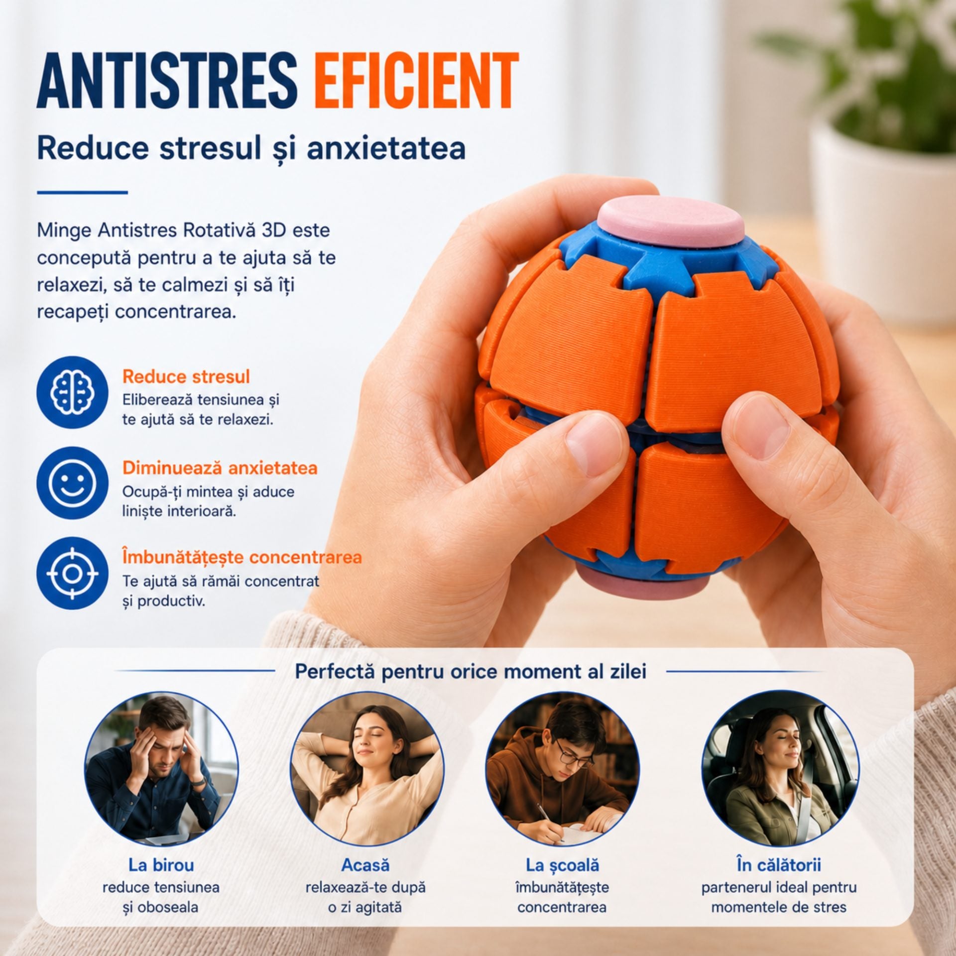 Minge Senzorială Antistres Rotativă 3D, Tip Fidget Spinner, cu Sistem de Apăsare și Rotire, Design Interactiv, Rosu aprins