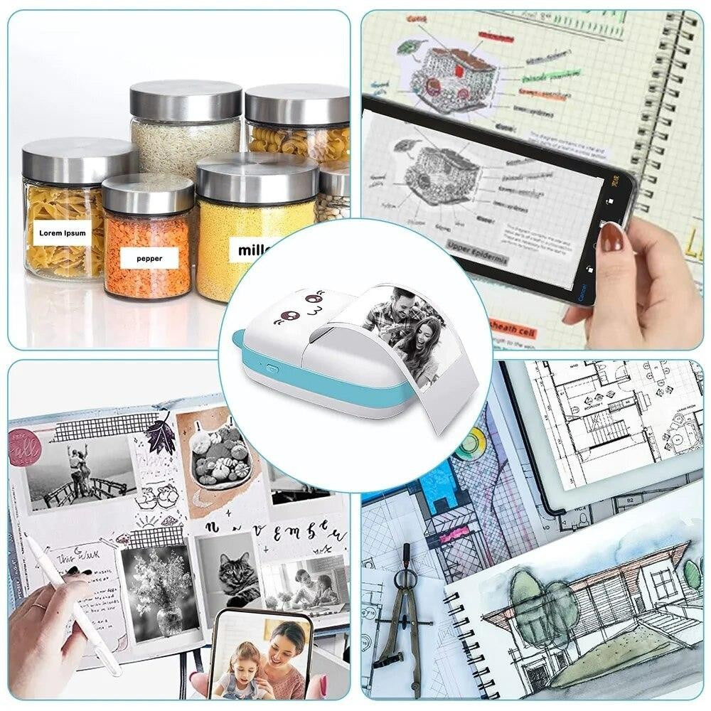 Mini Imprimanta Foto Portabila, Incarcare USB, Bluetooth, Model Ursulet, 12 x 9 x 5 cm, Alb Albastru