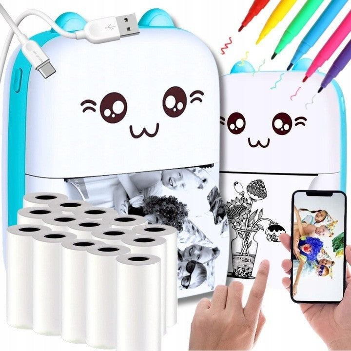 Mini Imprimanta Foto Portabila, Incarcare USB, Bluetooth, Model Ursulet, 12 x 9 x 5 cm, Alb Albastru