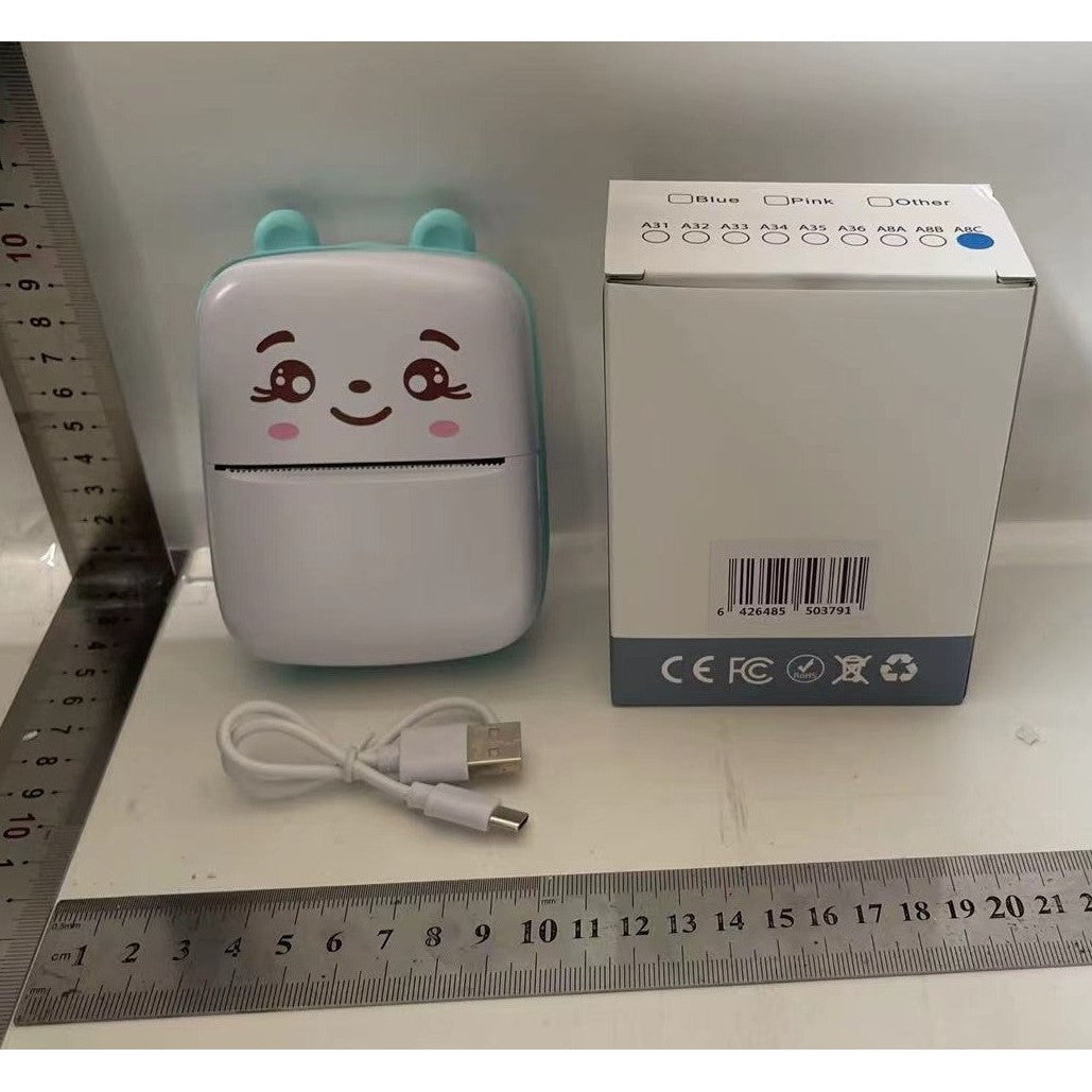 Mini Imprimanta Foto Portabila, Incarcare USB, Bluetooth, Model Ursulet, 12 x 9 x 5 cm, Alb Albastru
