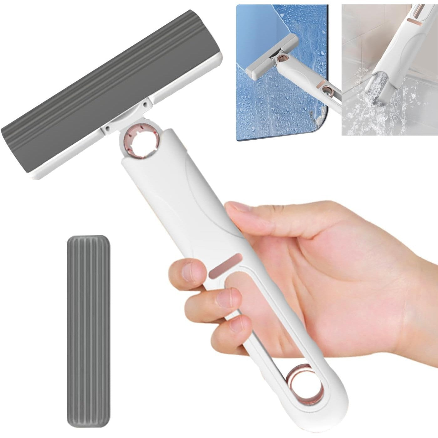 Mop de Mana, Mini-Portabil, cu Sistem de Stoarcere, Dispozitiv de Curatat Manual, cu Burete Absorbant, din PVA, 29.5 x 15.5 cm, 2 Rezerve, Alb
