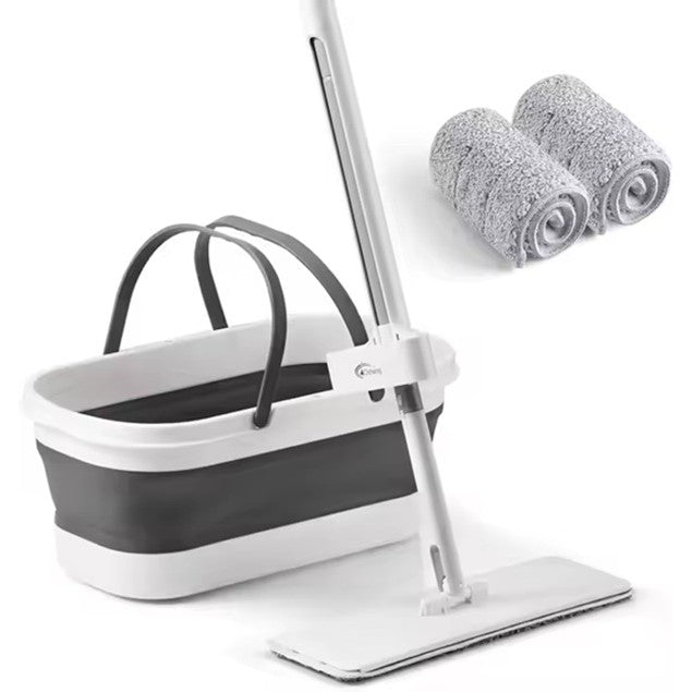 Mop Plat, cu Galeata Pliabila, 2 Rezerve din Microfibra, 127 cm Tija Telescopica, Utilizare Umeda/Uscata, Recipient Lichid, Gri