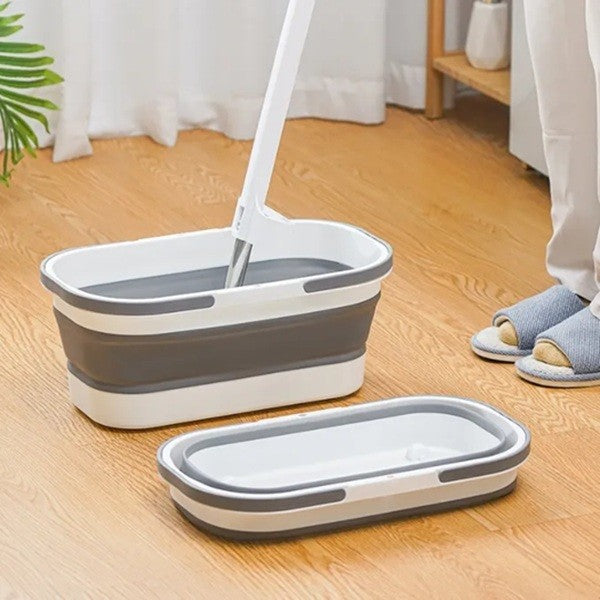 Mop Plat, cu Galeata Pliabila, 2 Rezerve din Microfibra, 127 cm Tija Telescopica, Utilizare Umeda/Uscata, Recipient Lichid, Gri