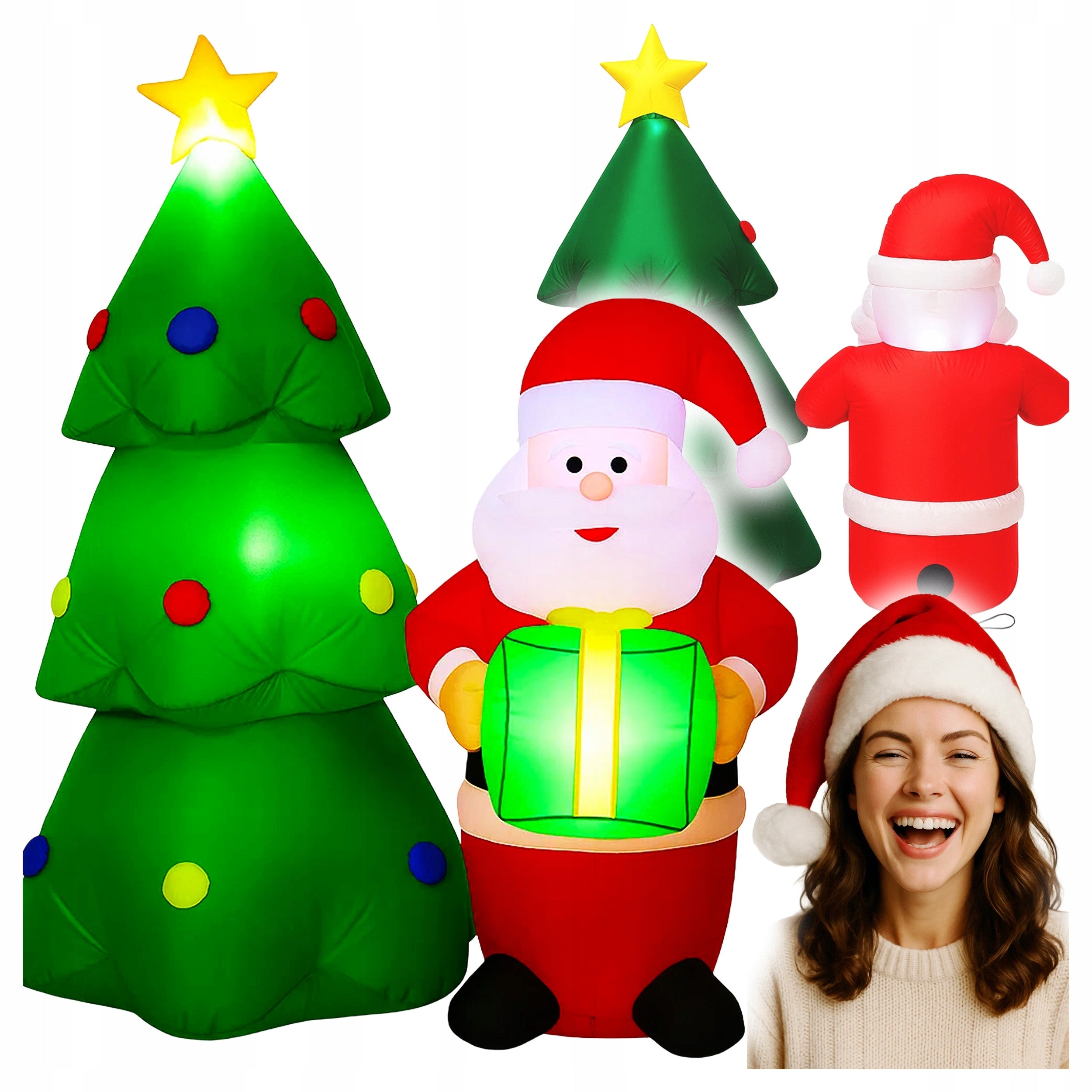 Decoratiune exterior gonflabila de Craciun cu Mos Craciun si brad iluminat, LED, compresor integrat, 148 cm