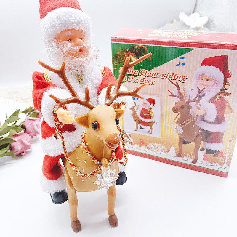 Decoratiune Mos Craciun, Animat, care Canta si Danseaza, cu Saculet, pe Ren, Imbracat Festiv, 28x21x10 cm, Rosu