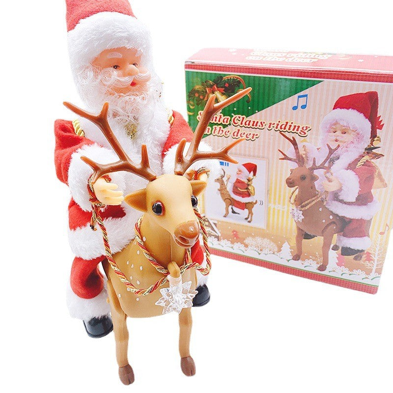 Decoratiune Mos Craciun, Animat, care Canta si Danseaza, cu Saculet, pe Ren, Imbracat Festiv, 28x21x10 cm, Rosu