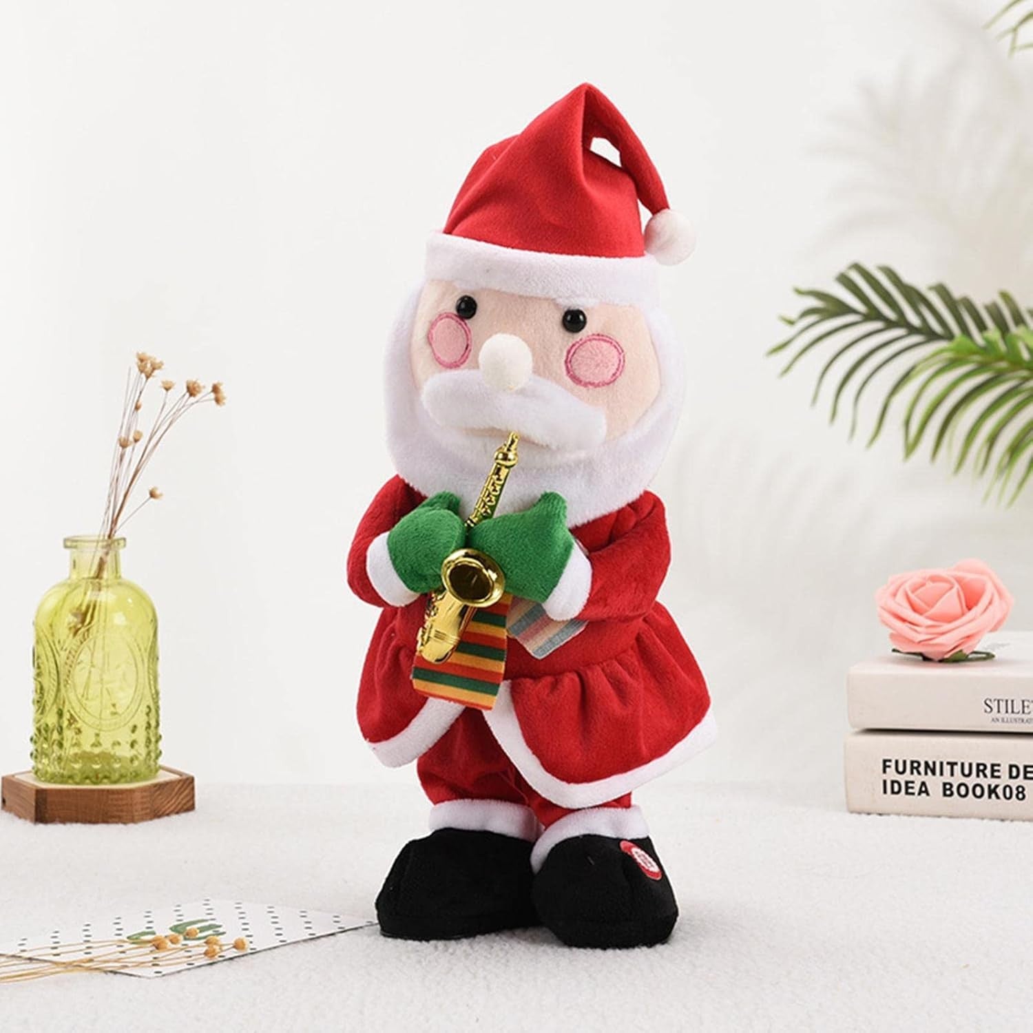 Decoratiune Mos Craciun, Animat, care Canta si Danseaza, cu Saxofon, Imbracat Festiv, 25 cm Inaltime, Rosu