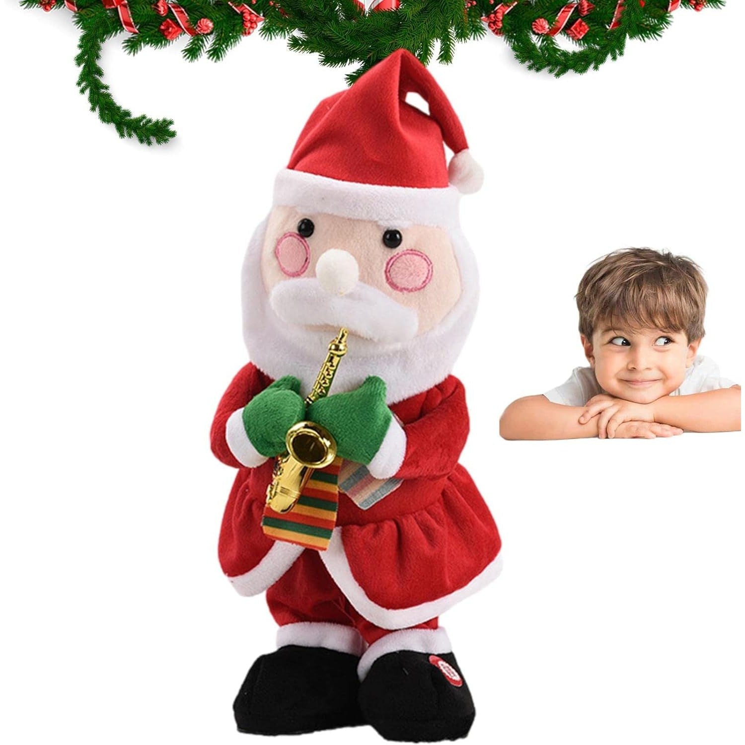 Decoratiune Mos Craciun, Animat, care Canta si Danseaza, cu Saxofon, Imbracat Festiv, 25 cm Inaltime, Rosu