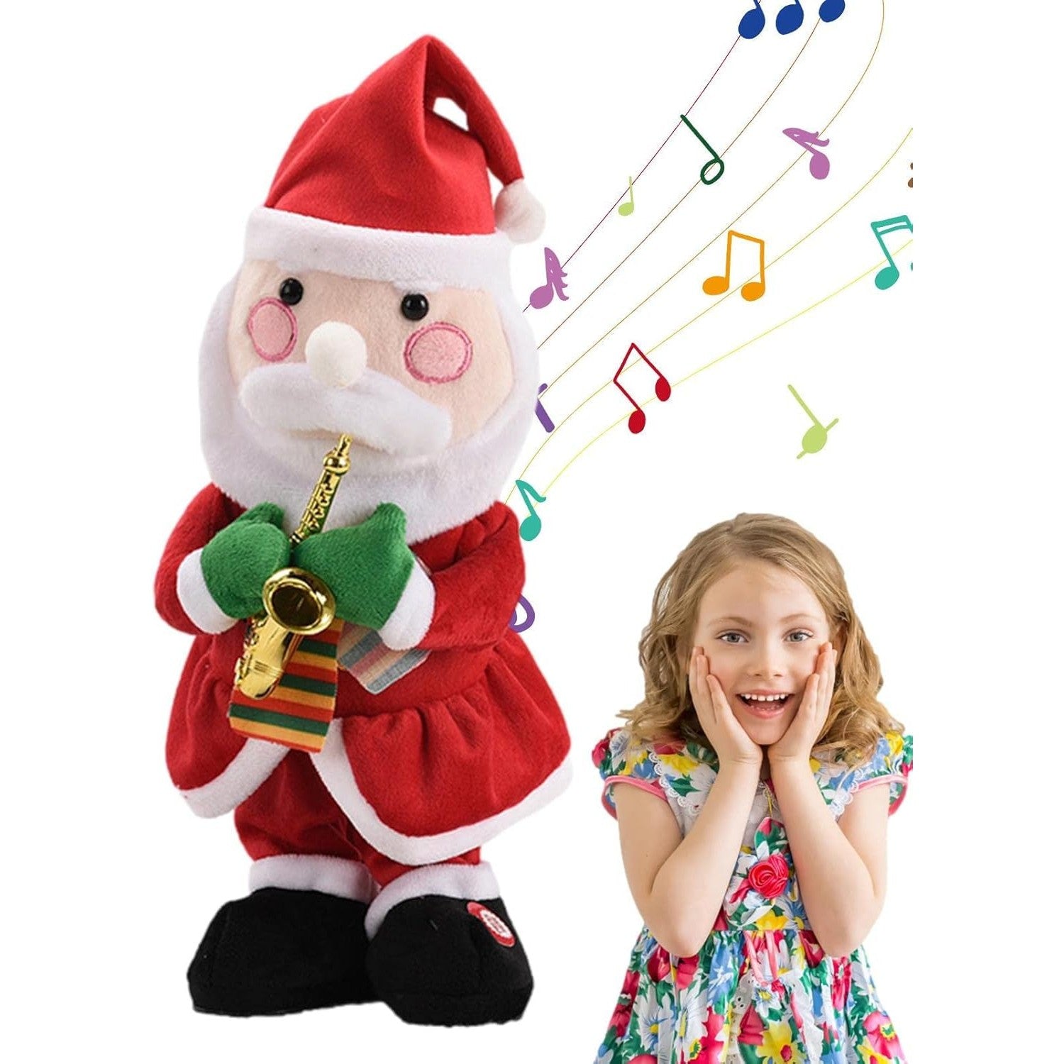 Decoratiune Mos Craciun, Animat, care Canta si Danseaza, cu Saxofon, Imbracat Festiv, 25 cm Inaltime, Rosu
