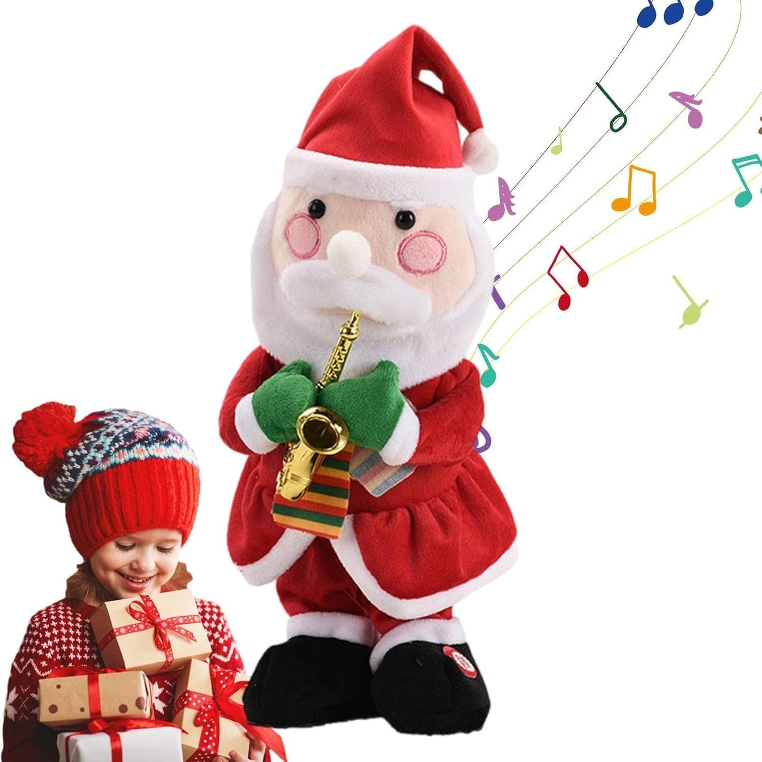 Decoratiune Mos Craciun, Animat, care Canta si Danseaza, cu Saxofon, Imbracat Festiv, 25 cm Inaltime, Rosu