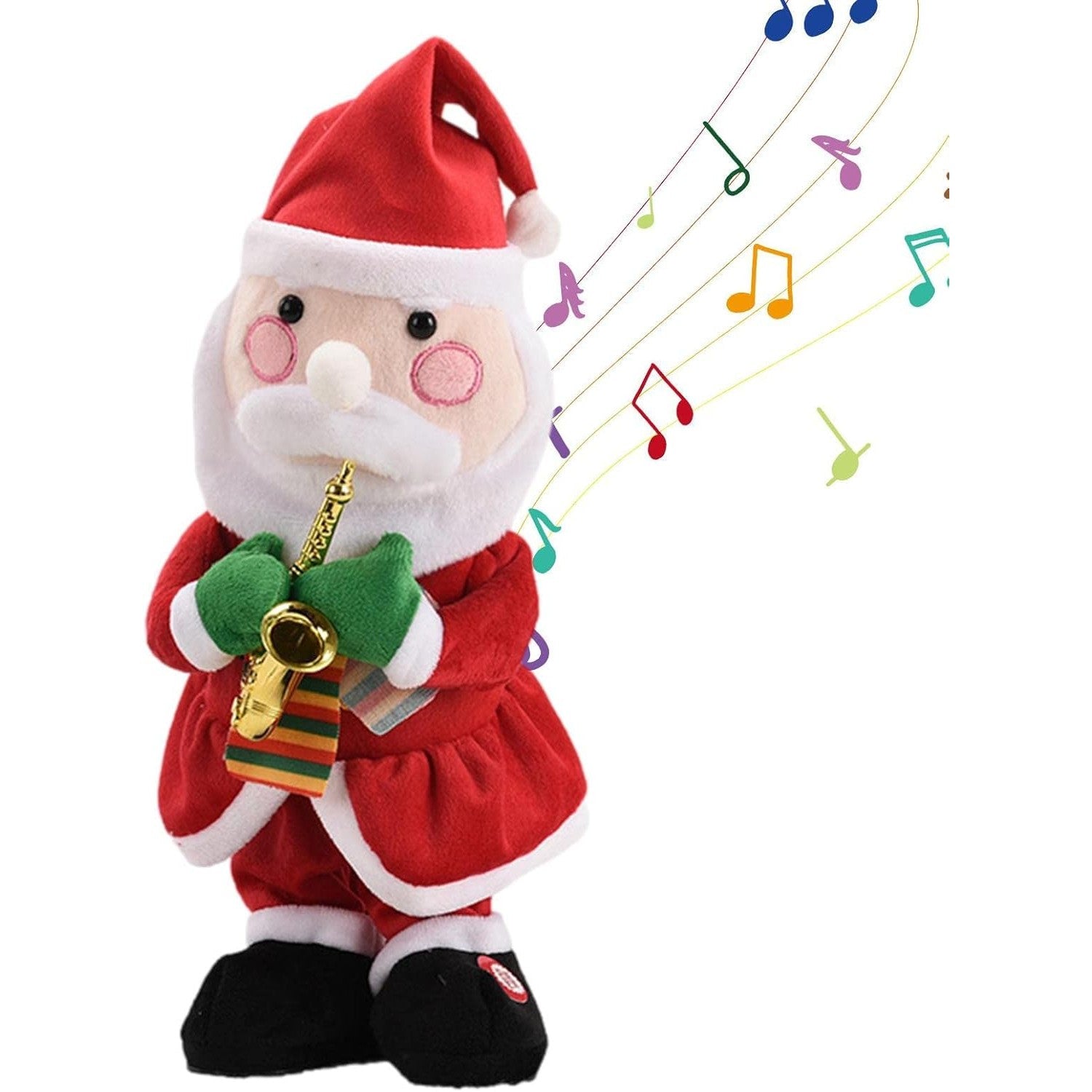 Decoratiune Mos Craciun, Animat, care Canta si Danseaza, cu Saxofon, Imbracat Festiv, 25 cm Inaltime, Rosu