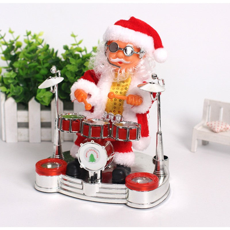 Decoratiune Mos Craciun, Animat, care Canta si Danseaza, cu Tobe, Imbracat Festiv, 20x17 cm Inaltime, Rosu