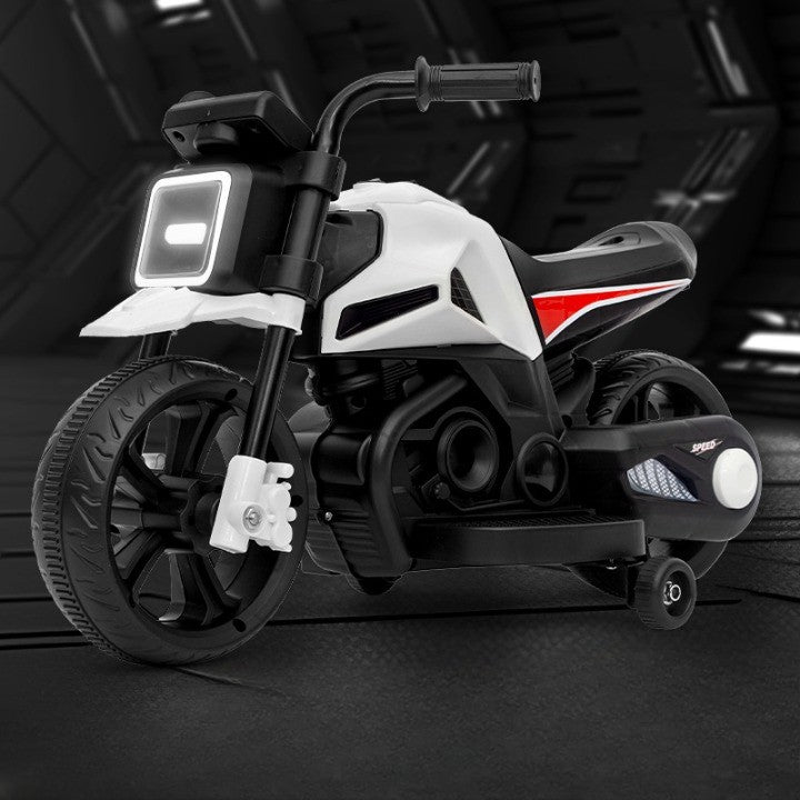 Motocicleta Electrica cu 2 Roti Mari si 2 Roti Ajutatoare, Acumulator Incarcare, Anti-Rasturnare, Lumini, Muzica, Motor:380, Baterie 6V4.5, 41.5x70x34 cm, 4.5 Kg, 3 Ani+, Alb Negru