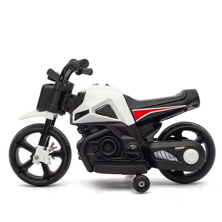 Motocicleta Electrica cu 2 Roti Mari si 2 Roti Ajutatoare, Acumulator Incarcare, Anti-Rasturnare, Lumini, Muzica, Motor:380, Baterie 6V4.5, 41.5x70x34 cm, 4.5 Kg, 3 Ani+, Alb Negru