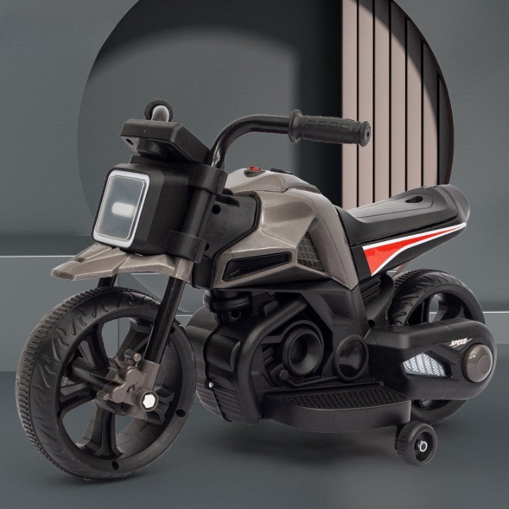 Motocicleta Electrica cu 2 Roti Mari si 2 Roti Ajutatoare, Acumulator Incarcare, Anti-Rasturnare, Lumini, Muzica, Motor:380, Baterie 6V4.5, 41.5x70x34 cm, 4.5 Kg, 3 Ani+, Gri Negru