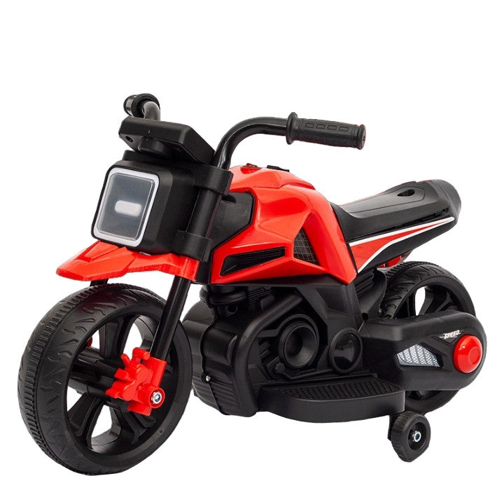 Motocicleta Electrica cu 2 Roti Mari si 2 Roti Ajutatoare, Acumulator Incarcare, Anti-Rasturnare, Lumini, Muzica, Motor:380, Baterie 6V4.5, 41.5x70x34 cm, 4.5 Kg, 3 Ani+, Rosu Negru