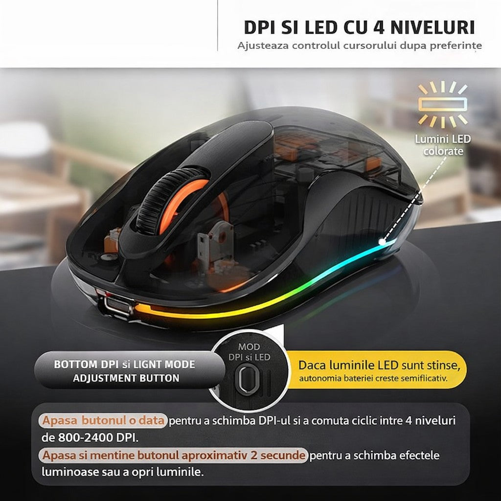 Mouse Wireless, Dual Bluetooth, 2.4 GHz, Multi Device, USB-C, 4 Niveluri DPI 800-2400, Reincarcabil, Iluminare LED, Compatibil MacBook/iPad/Laptop, 10 x 6 cm, Negru