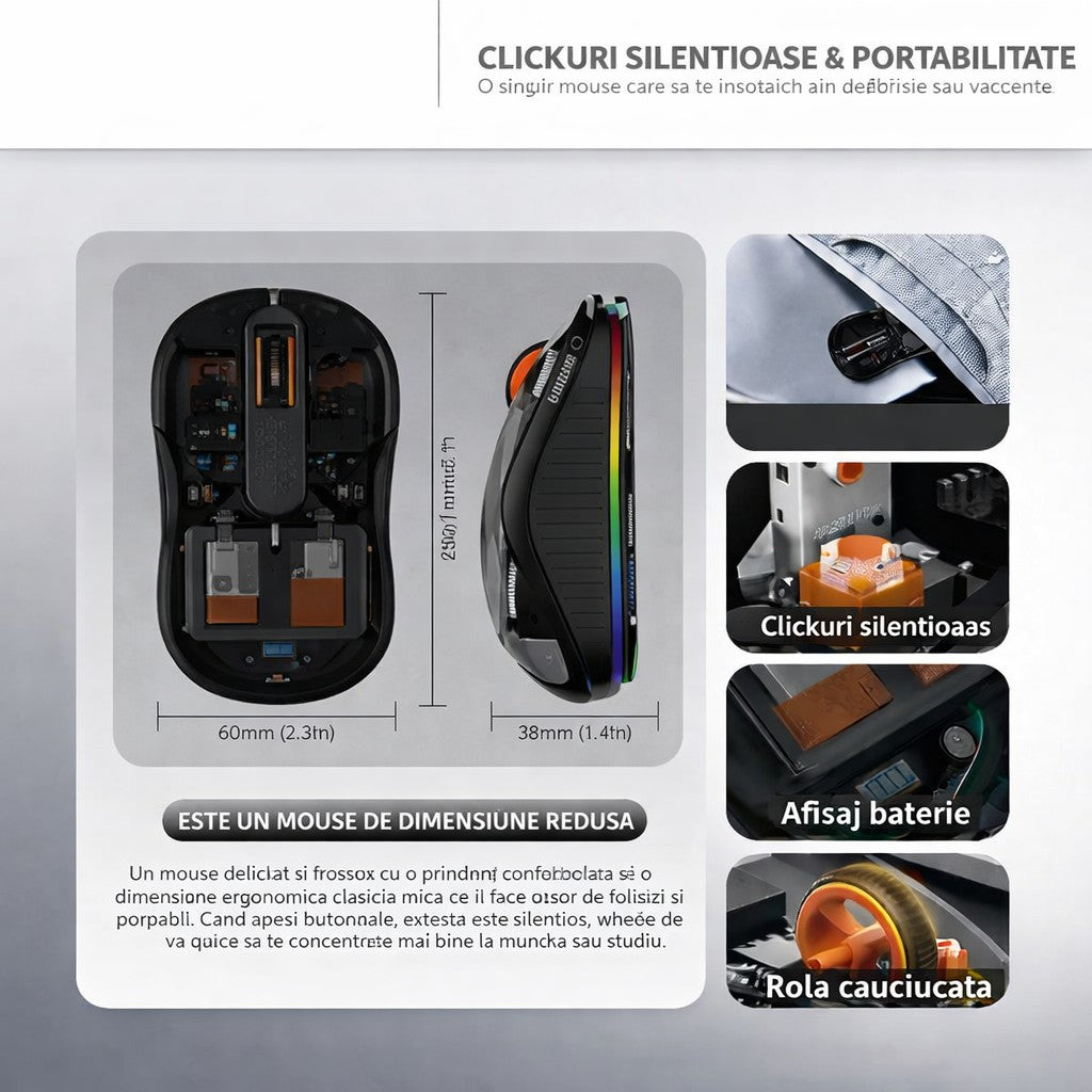 Mouse Wireless, Dual Bluetooth, 2.4 GHz, Multi Device, USB-C, 4 Niveluri DPI 800-2400, Reincarcabil, Iluminare LED, Compatibil MacBook/iPad/Laptop, 10 x 6 cm, Negru